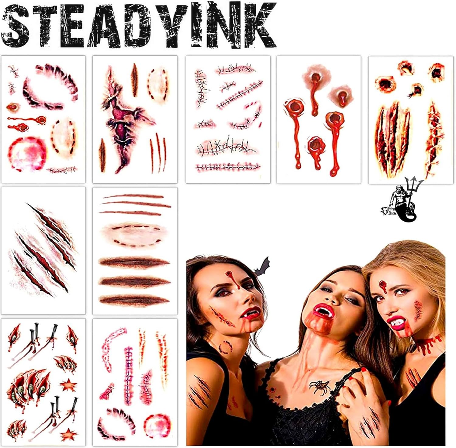 9 Sheets Halloween Tattoos Kids Temporary - Halloween Stickers Waterproof - Cuts, Stitches, Scars, Wounds - Halloween Sticker Pack for Adults Kids - 10.5X6Cm - Steadyink&reg; image number 5