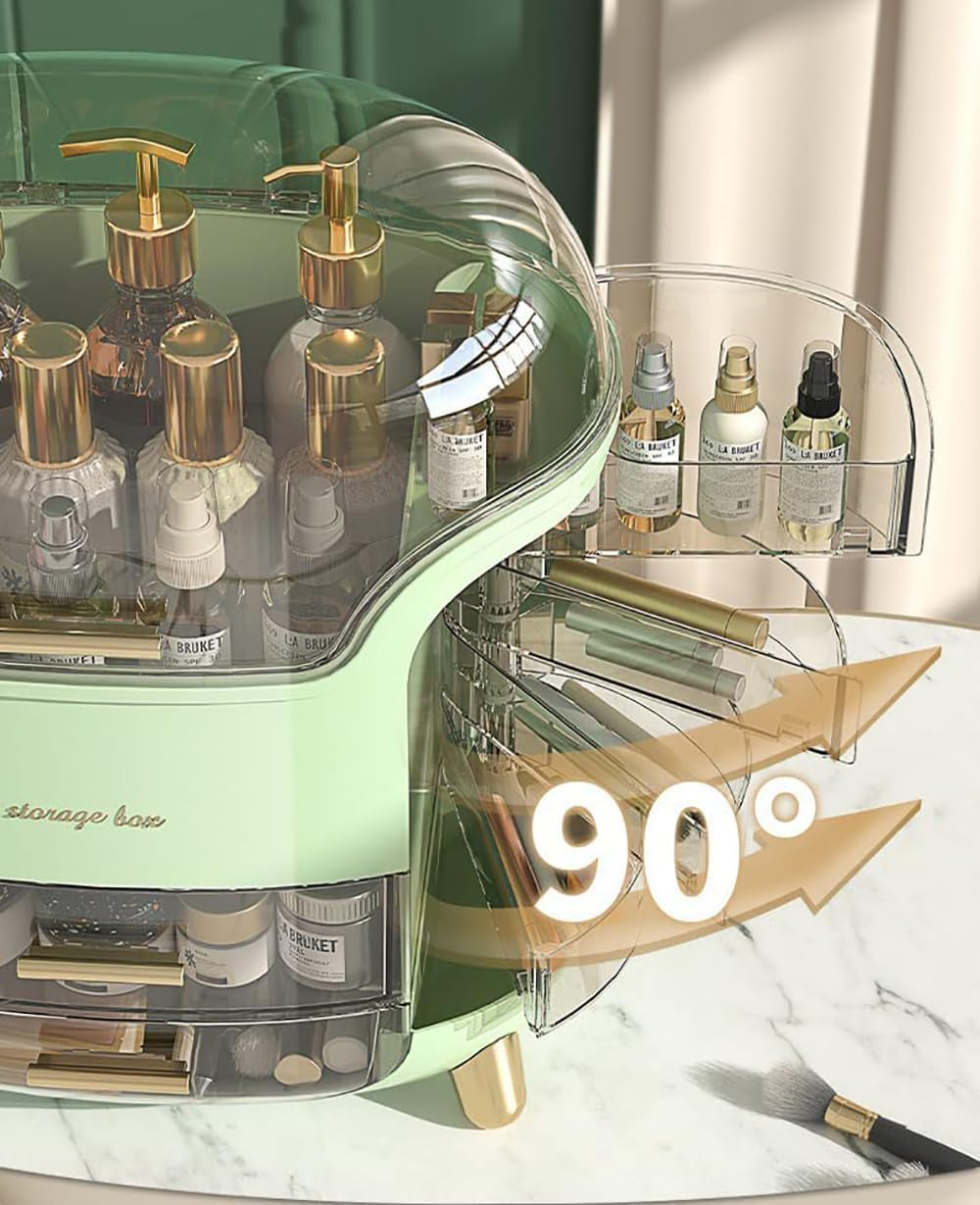 Makeup Organizer for Vanity, Portable Cosmetic Storage Box with Drawer and Transparent Lid, Dustproof and Waterproof Large Countertop Organizer Make up Holder for Bedroom, Bathroom Skincare (Green) - White image number 6