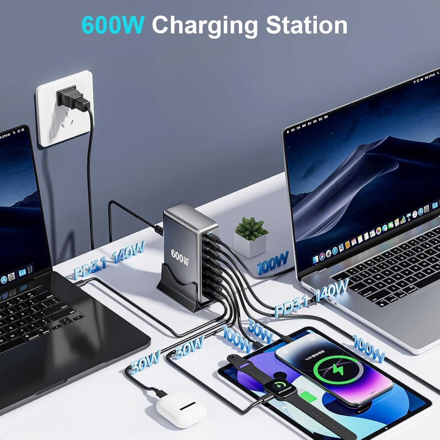 600W USB C Fast Charger Block,8 Port USB Charging Station,Gan III 8-Port Fast Charging Station Hub,Pd 3.1 140W Laptop Charger Adapter Compatible with Macbook,Dell,Steam Deck,Iphone 16/15/14,Galaxy S24