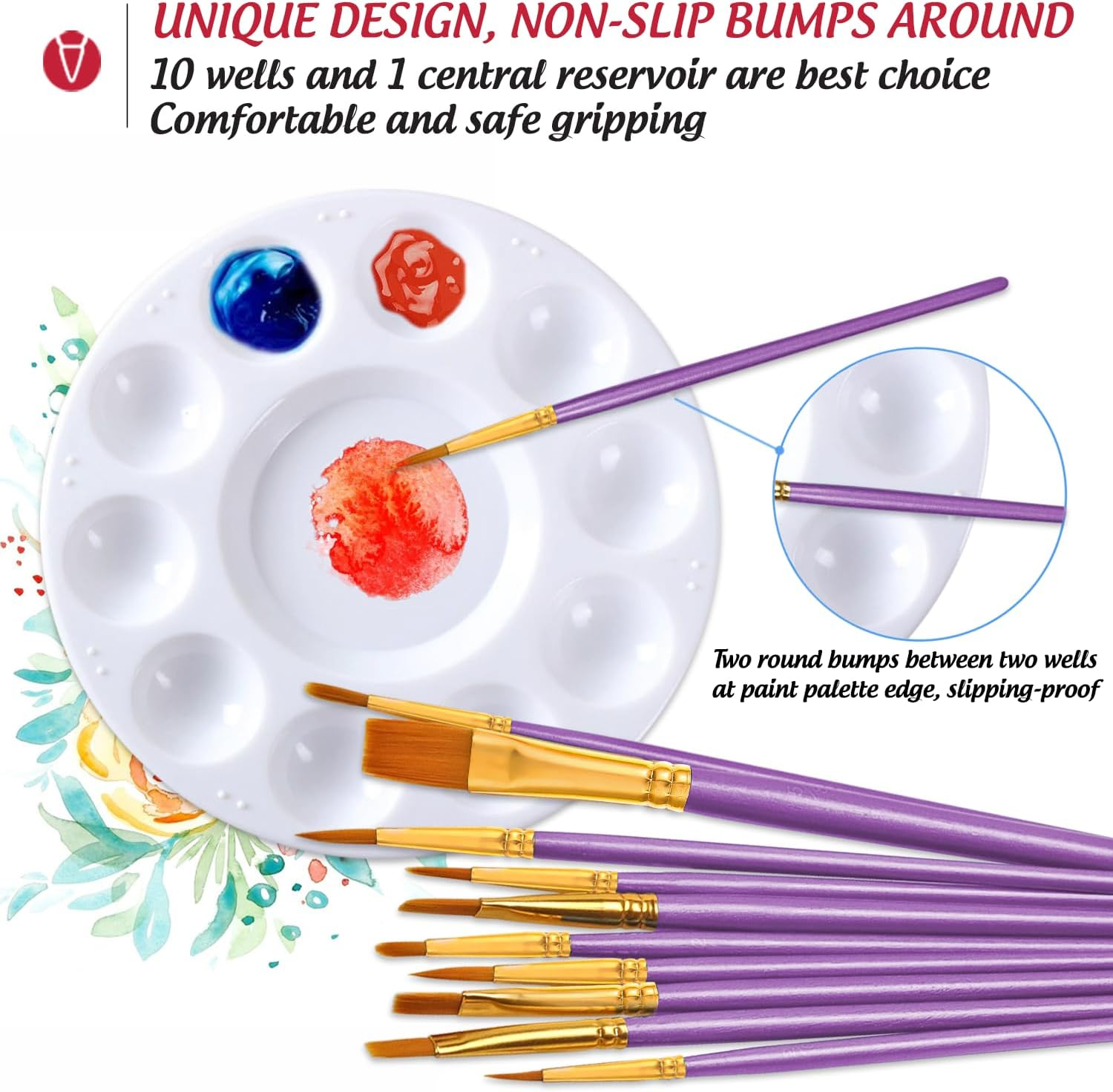 Paint Brushes Palettes Set by DUGATO, 2 Packs/20Pcs round Pointed Tip Nylon Hair Brushes with 5 Paint Trays for Acrylic Watercolor Oil Gouache Tempera and Body Painting (Purple) - Purple image number 5