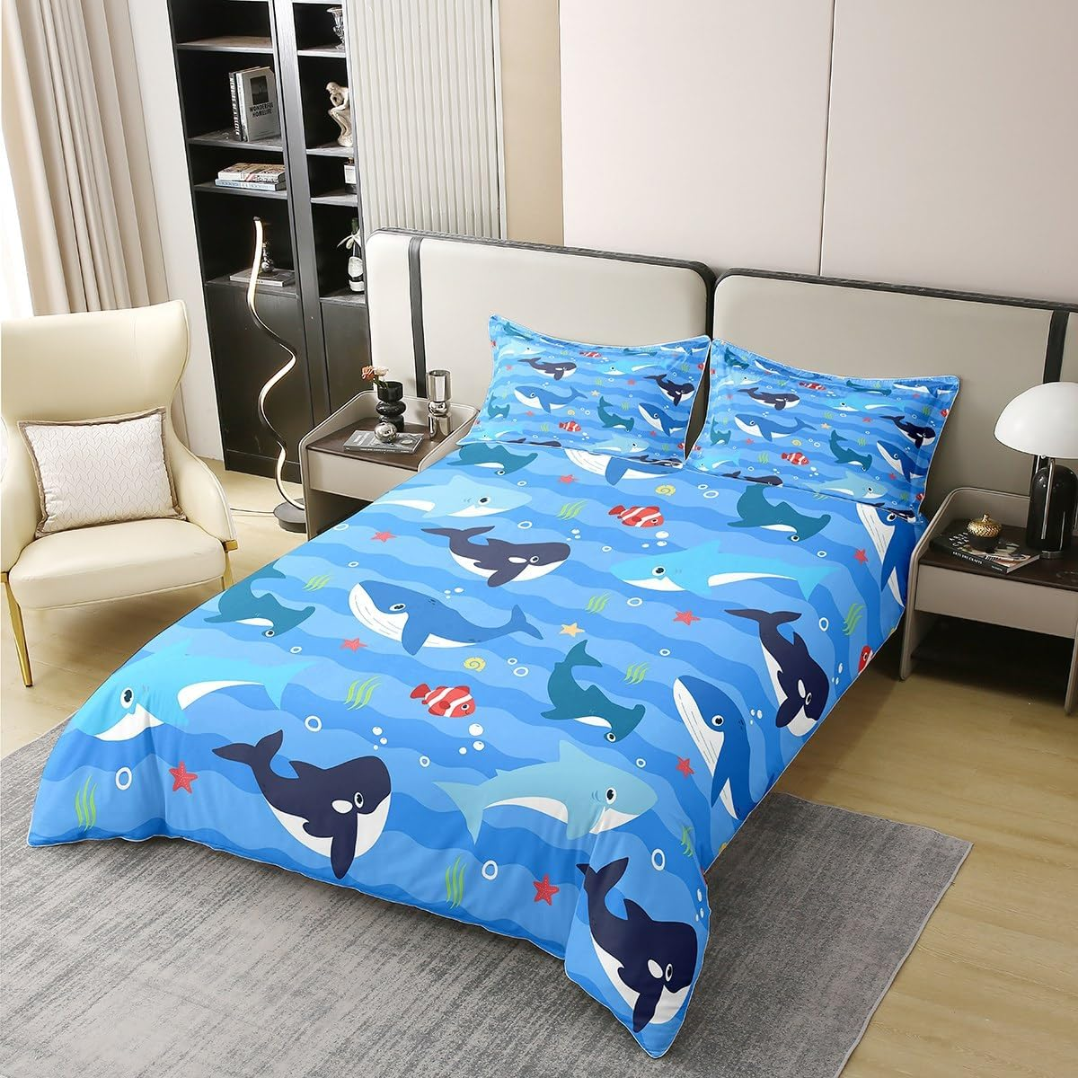 Ocean Life 100% Cotton Duvet Cover 155 X 220, Cartoon Shark Whale Bed Linen, Colourful Underwater World Comforter Cover, Abstract Geometric Sea Wave Quilt Cover, Starfish Sea Animals Bed Linen, Blue image number 6