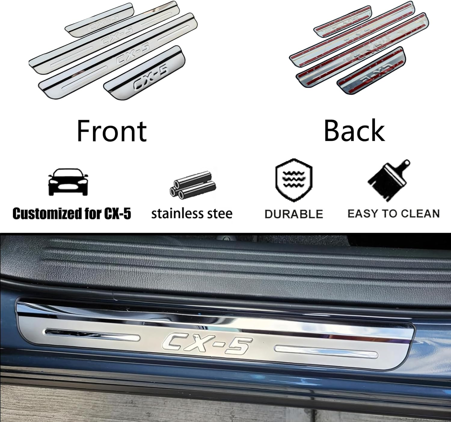 GZBFTDH Car Door Sill Scuff Protector, for Mazda Cx-5 Cx5 2017-2022 Accessories Parts, Stainless Steel with Abs Plastic Door Entry Guard Plate Trim Cover, Auto Interior Accessory Kick Panels 4Pcs Set image number 6