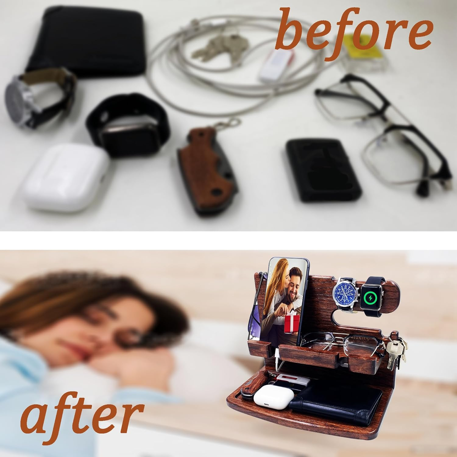 Gifts for Men Women Dad Husband Boyfriend Wood Phone Docking Station Nightstand Organizer for Men Birthday Gifts (Dark Brown) - White image number 6
