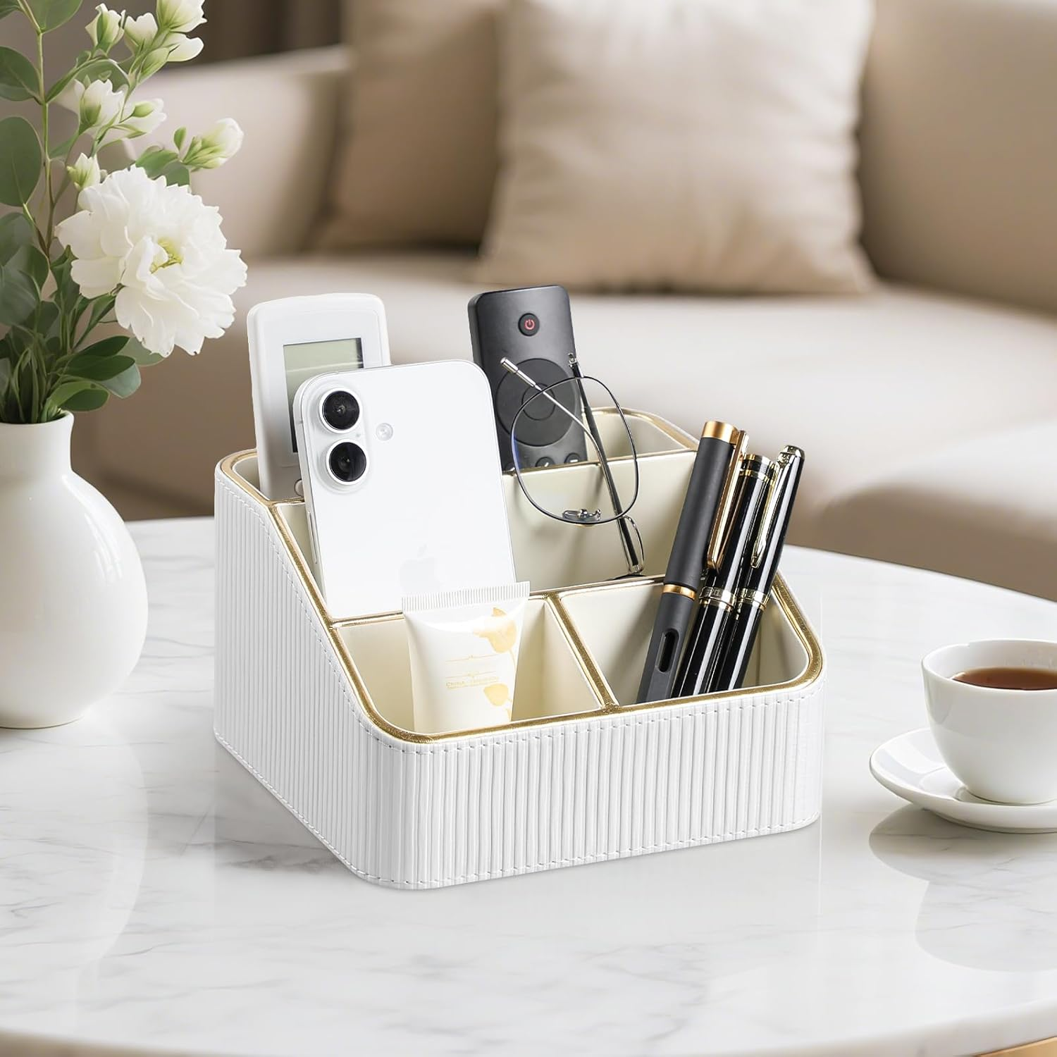 Cretkhp Remote Control Holder with 4 Compartments, PU Leather Small Nightstand Organizer for Home Desk Accessories Office Supplies, Multifunctional Stylish Small Bedside Desktop Organizers (White) - White image number 1