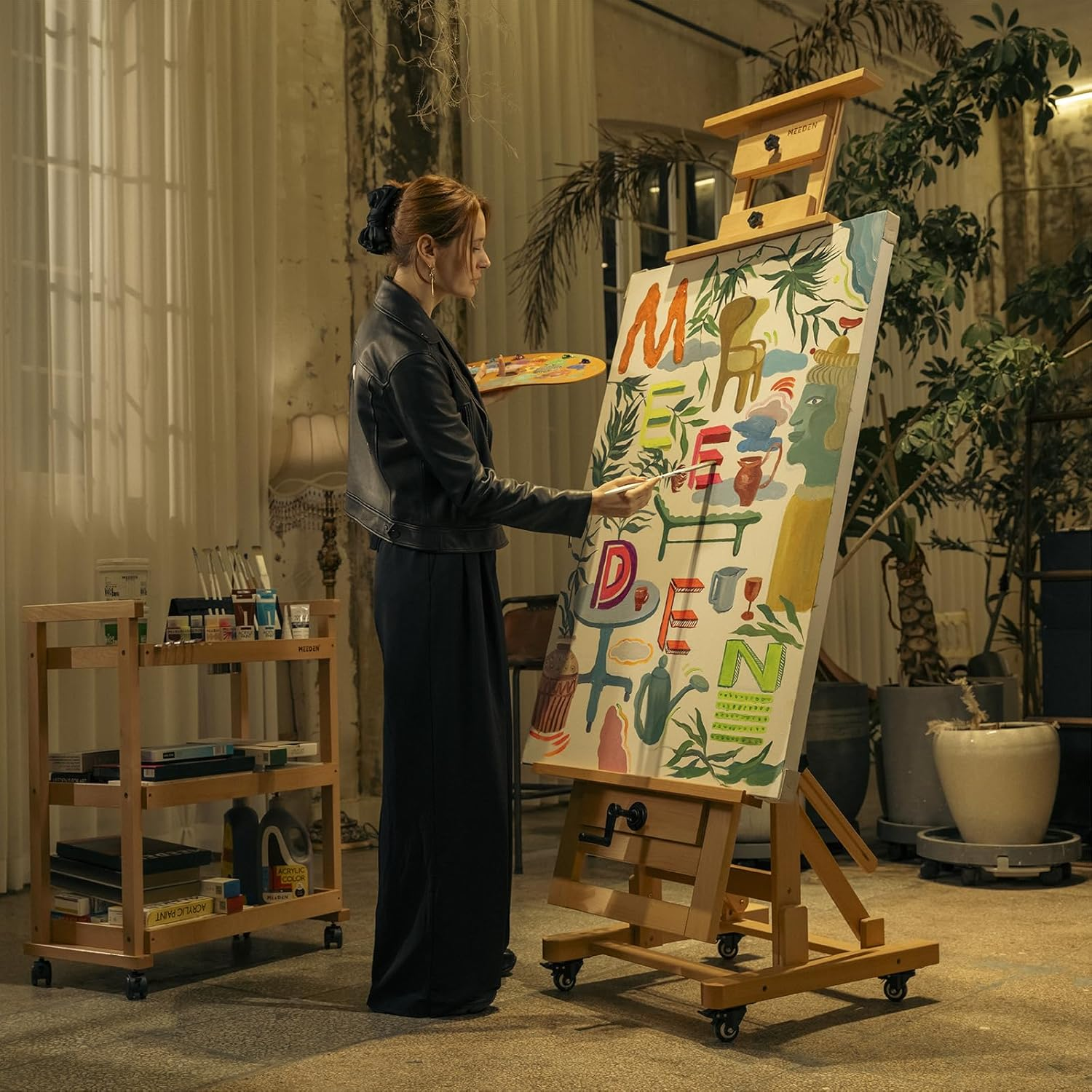 MEEDEN Deluxe Large Rocker Crank Studio Easel,Heavy Duty Artist Painting Easel,Solid Beech Wood with Adjustable Height,Movable and Tilting Flat H-Frame Easel,Holds Art Canvas up to 76.7" image number 2