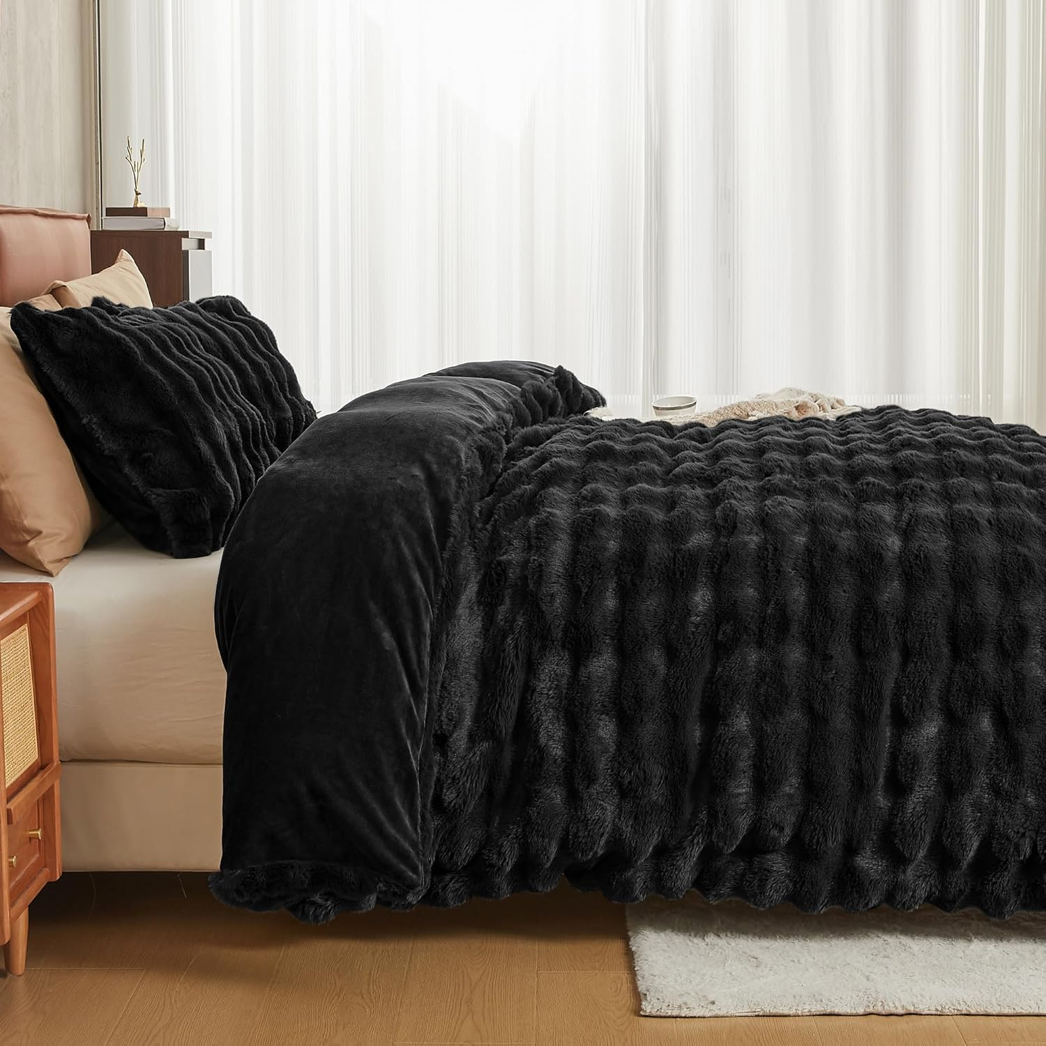 JELLYMONI Plush Duvet Cover Set - Twin Size Black Faux Fur Comforter Cover 2Pcs Bedding Set Luxury Ultra Soft Striped Fluffy Duvet Cover with Zipper and 1 Pillowcase (NO Comforter) image number 1