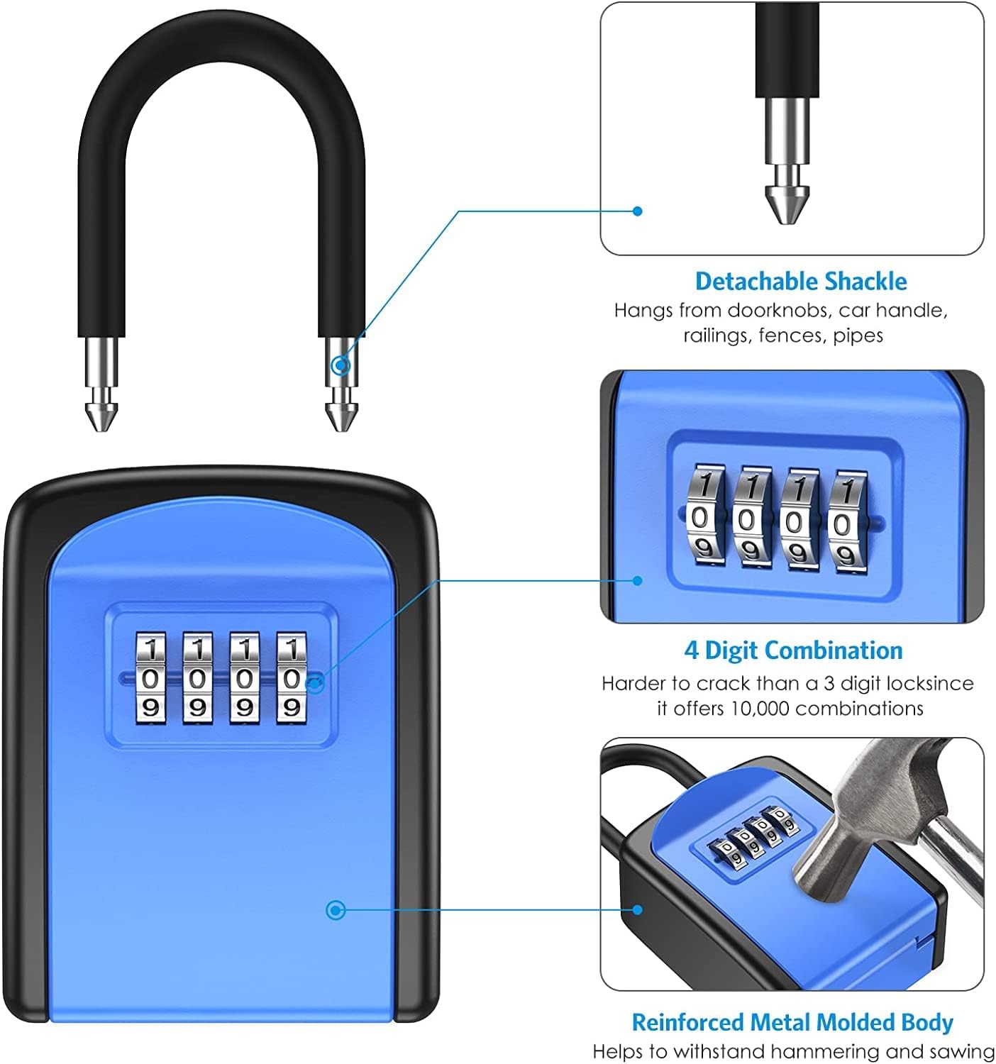 Key Lock Box, Wall Mounted Key Safe Box, Weatherproof 4 Digit Combination Key Storage Lock Box, 5 Keys Capacity with Removable Shackle for Indoor Outdoor, Small Size 3.66Inch - Blue image number 3