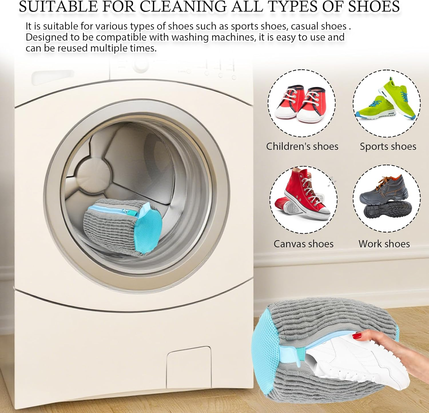 2 Pcs Shoe Laundry Bags for Washing Machine - Reusable Mesh Wash Bags with Zipper & Hook | 360 Degree Protection for Sneakers, Running Shoes & Delicate Clothing | Grey (20X12Cm) image number 5