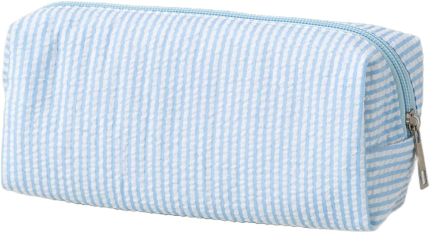 Hfhungkeong Cute Pencil Case, Seersucker Pencil Bag Desktop Stationery Finishing Large Capacity Embroidery Striped Travel Storage Bag, Multifunctional Cosmetic Pouch(Light Blue)