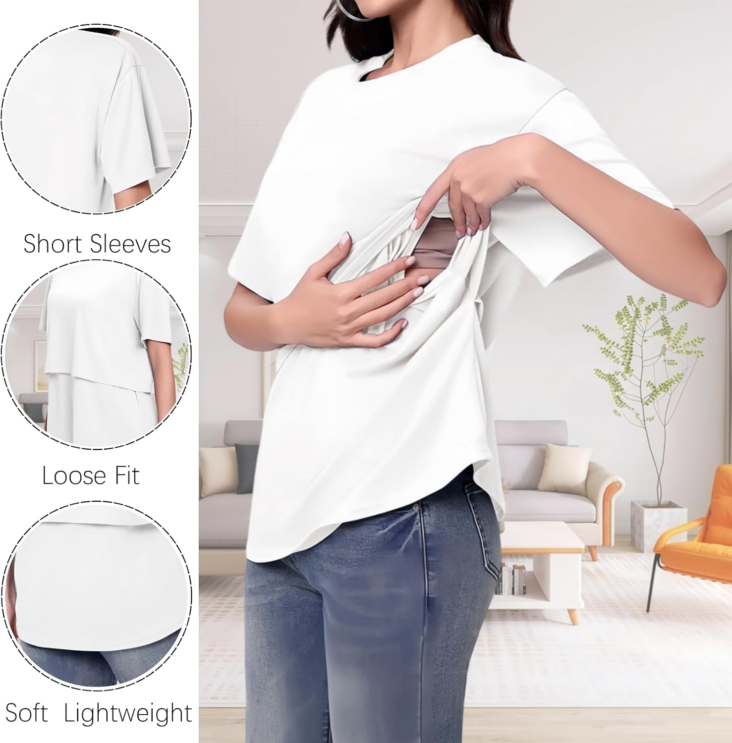 Maternity Tops Short Sleeve Nursing T-Shirt Lift-Up Breastfeeding T Shirts Plain round Neck Basic Nursing Top Loose Fit Pregnancy Clothes image number 6
