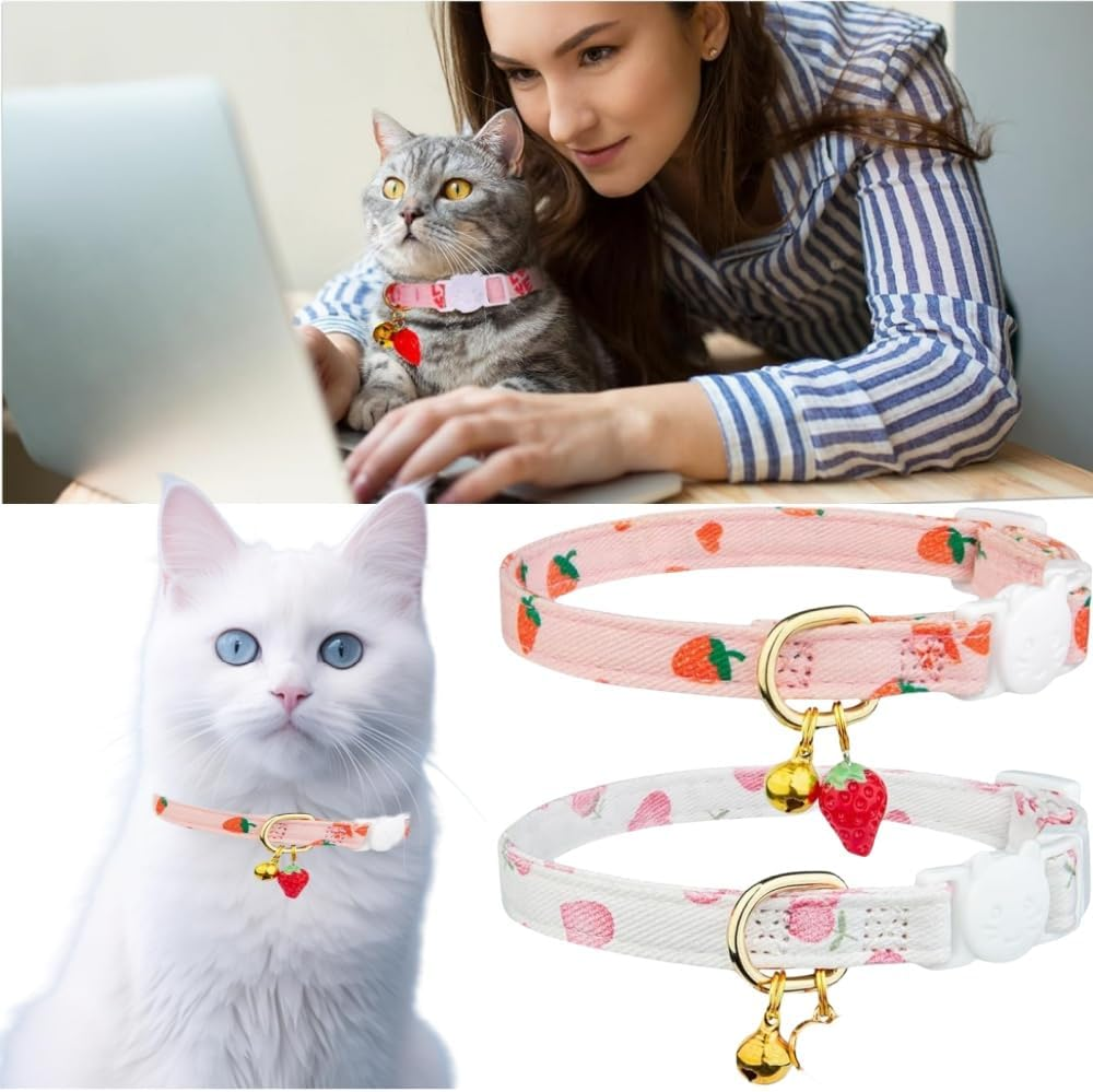 Cotton Detachable Cat Collar, Pink Strawberry White Heart-Shaped Pendant, Cute Kitten and Bell Cat Collar 2-Piece Set image number 4