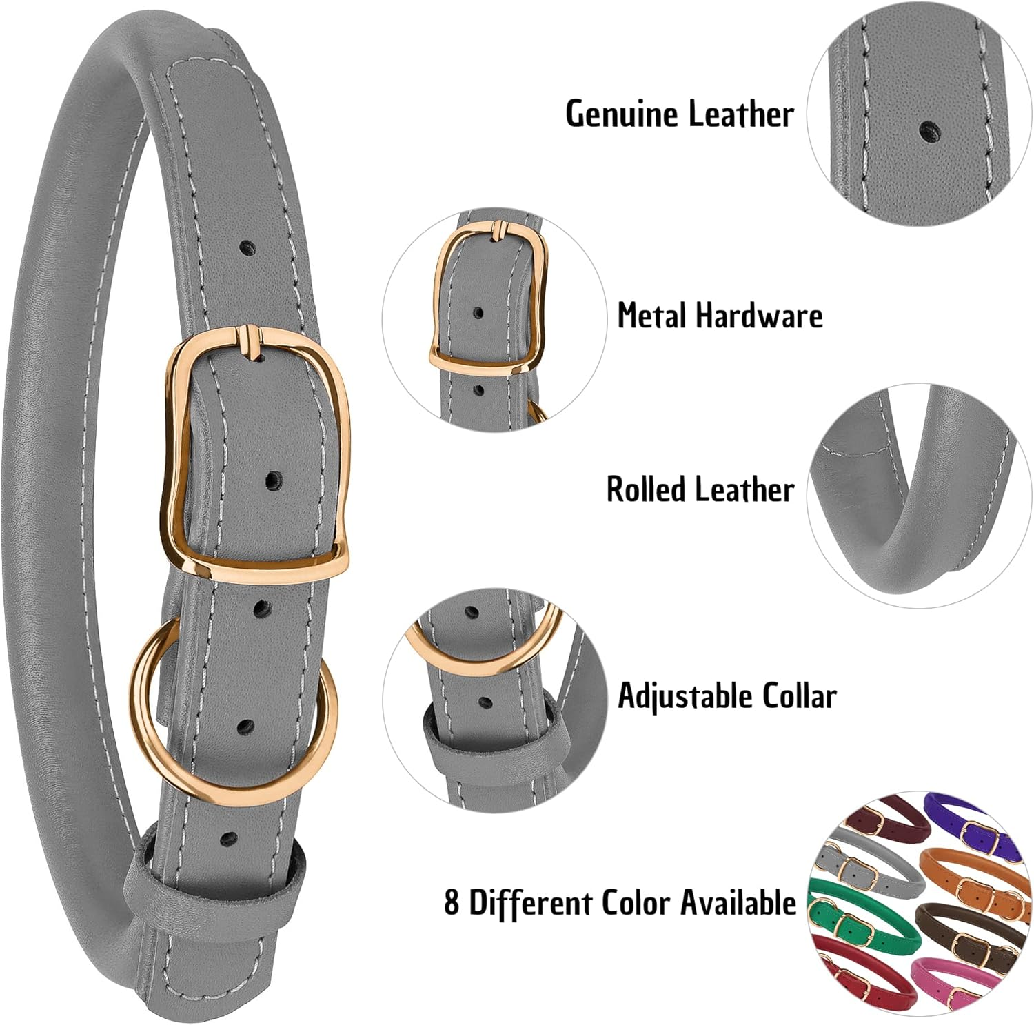 MUROM Rolled Leather Dog Collar Durable round Rope Pet Collars for Small Medium Large Dogs Puppy Pink Purple Green Red Brown Gray (8"-12" Neck Fit, Gray)