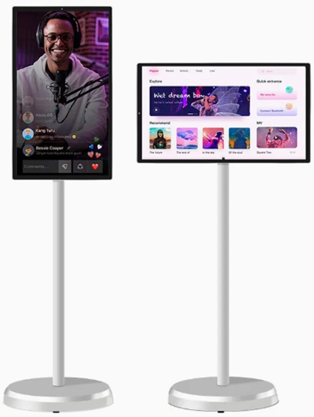 Portable TV on Wheels with Rotating Touchscreen Monitor with Android OS, Rolling Tablet Screen with Base, Built-In 6000Mah Battery, Supports Horizontal and Vertical Screen Display Black-4+64G