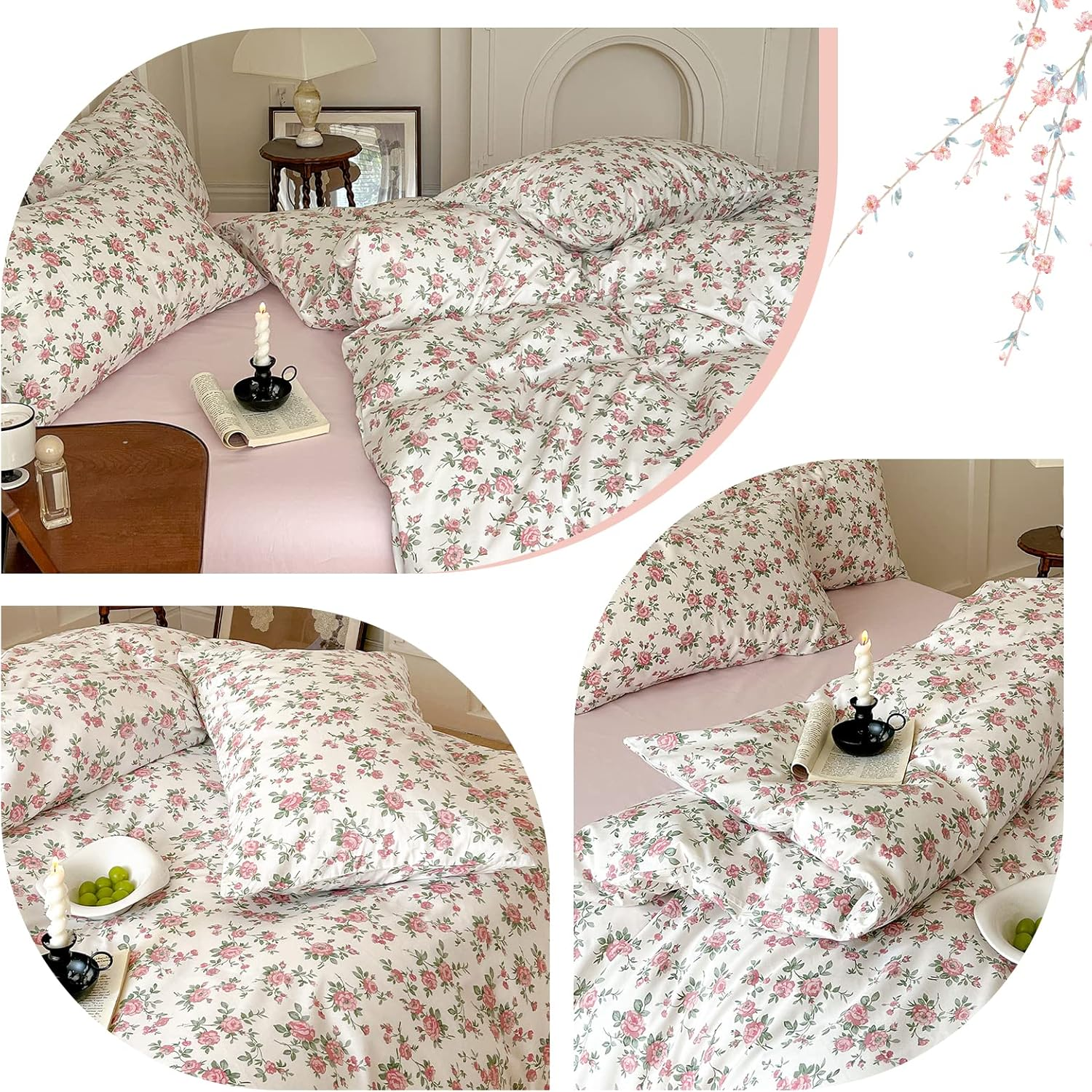 Floral Duvet Cover Set Twin Size Kids Pink 100% Cotton Aesthetic Bedding Sets Girl Women 3 Pieces Floral Branch Comforter Cover with Zipper Ties Garden Bedding Cover