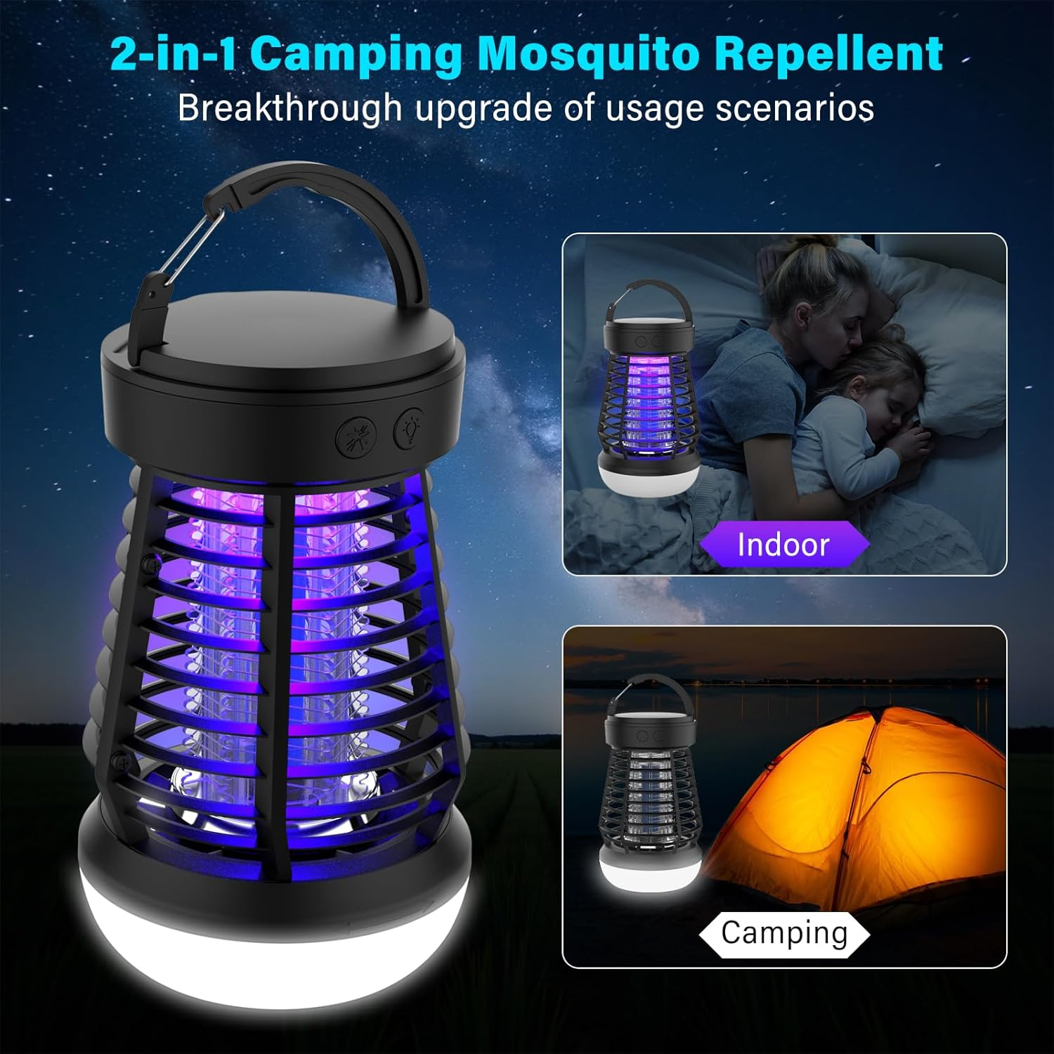 2 in 1 Rechargeable Bug Zapper & Camping Lantern, Second-Generation Dual-Band Frequency Conversion Outdoor Mosquito Killer, 2000V Portable Electric Fly Killer for Home, Garden and Camping image number 2