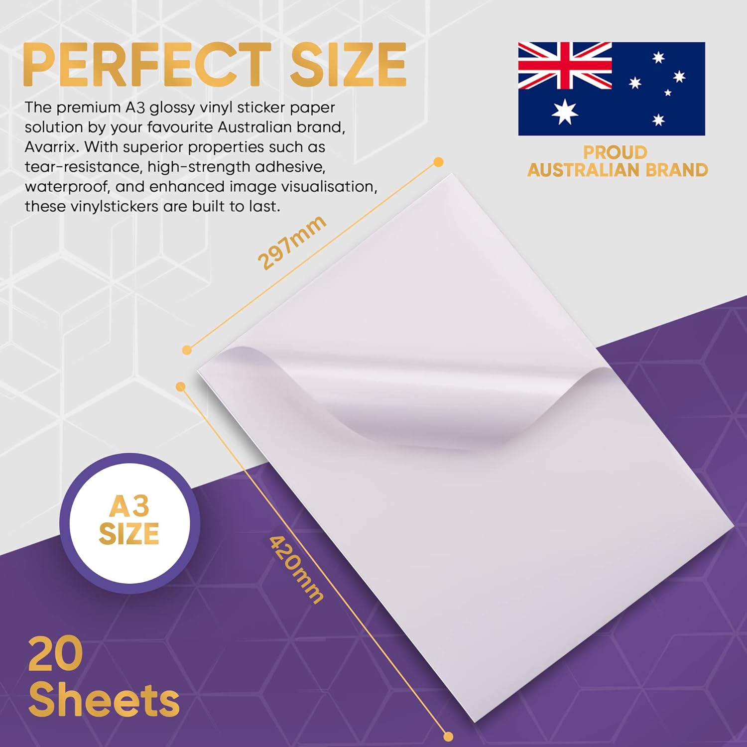 Avarrix Australia Printable Vinyl Sticker Paper for Inkjet Laser Printer, Glossy White, 20 Sheets, Waterproof Label Stickers, Printable Vinyl Sheets, Tear Resistant, Quick Dry Vibrant Colours, A3 Size image number 3