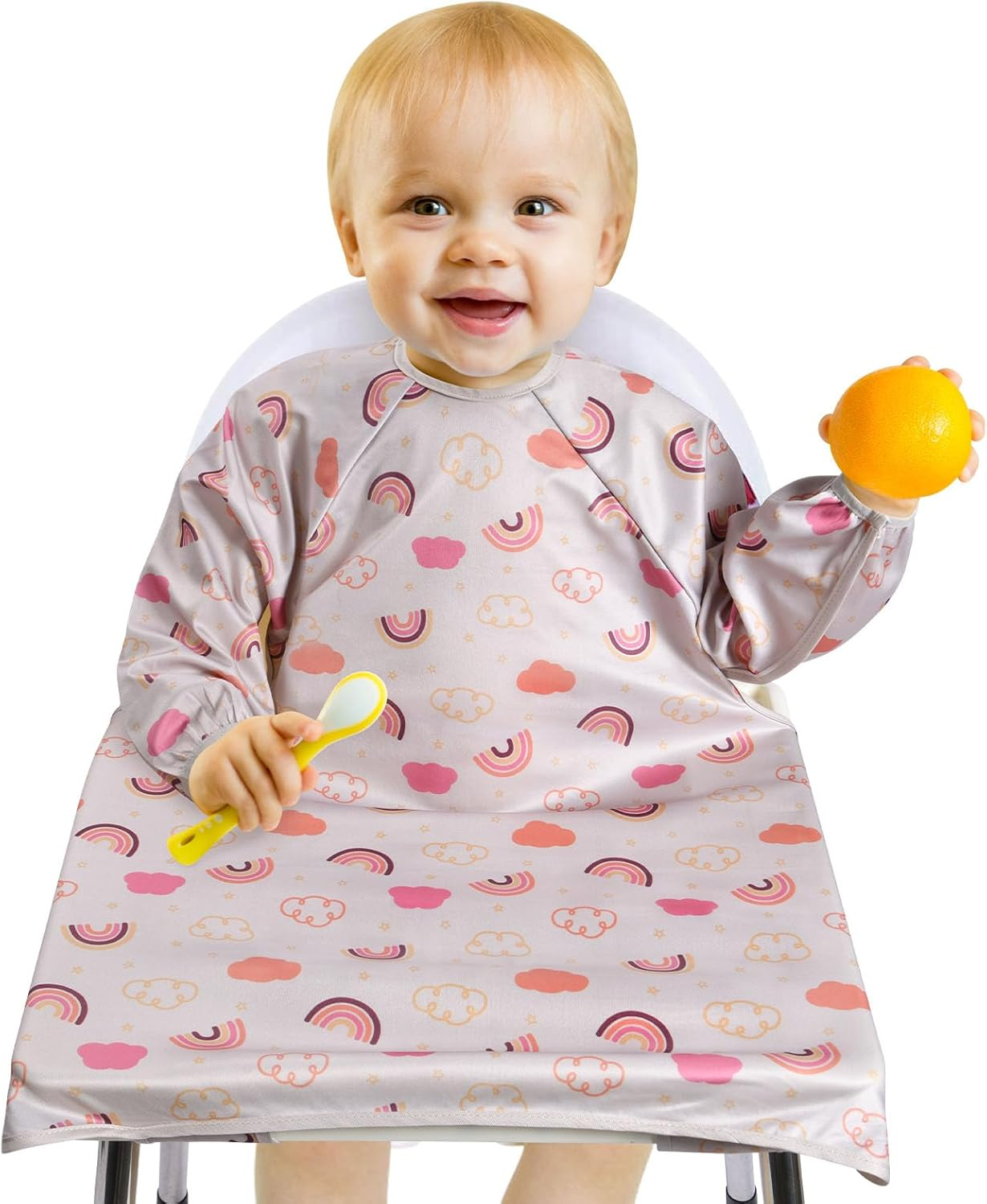 Vicloon Coverall Baby Feeding Bib, Weaning Bib Attaches to Highchair and Table, Long Sleeves Bib with Waterproof