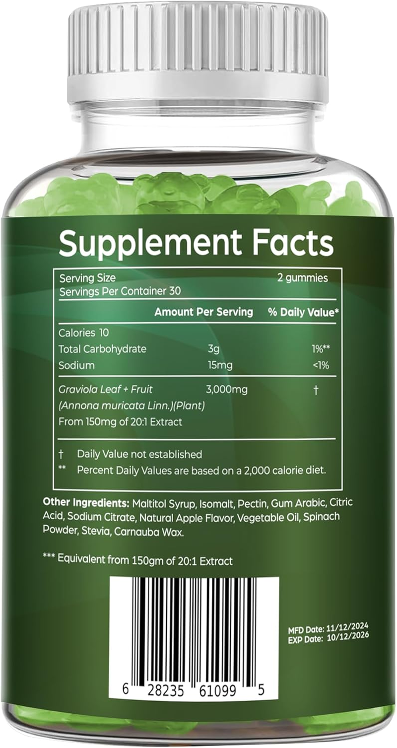 Soursop Graviola Gummies 3000Mg | Soursop Leaves & Fruit Gummies | Graviola Extract | Immune & Digestive Health Support | Sugar-Free, Gluten-Free, Non-Gmo, Vegan Friendly | Natural Apple Flavor | 60 Count image number 1