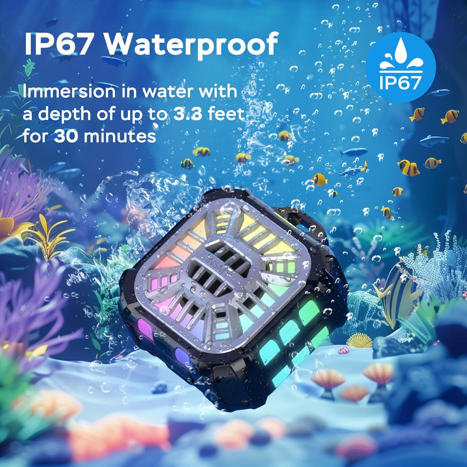 INSMY Shower Bluetooth Speaker, IP67 Waterproof Portable Small Wireless Link over 100+ Speakers, Big Volume Booming Bass, 24H Playtime/Floatable/Rgb Lights for Outdoor/Kayak/Beach/Golf (Black) image number 2