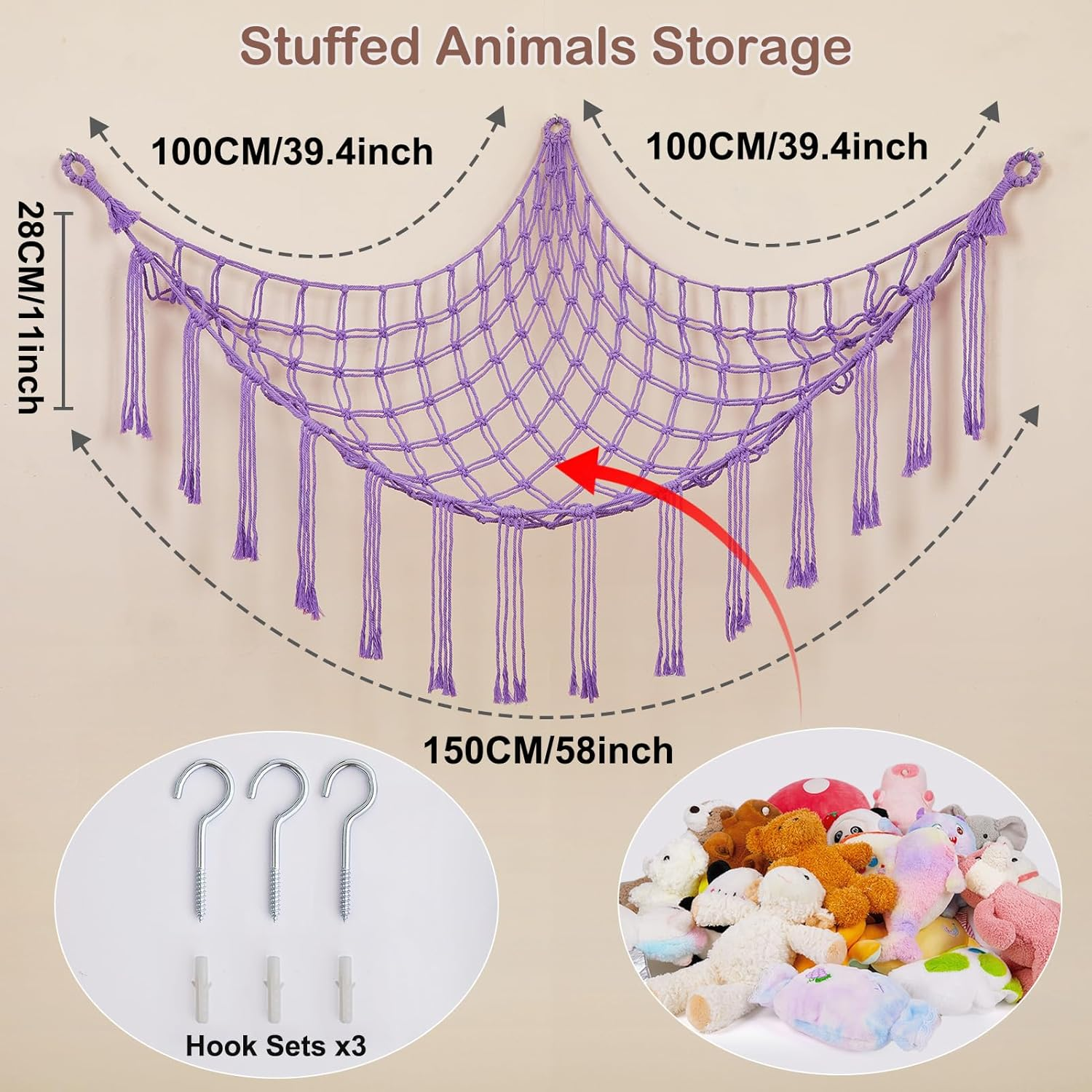 Unicorn Castle Triangular Stuffed Toy Storage Net Hammock Organizer, Purple, Cotton, Triangular, 59 X 39.37 X 59 Inches, 5 Pounds Capacity, Boho Wall Hanging Decor for Nursery, Playroom, Bedroom image number 5