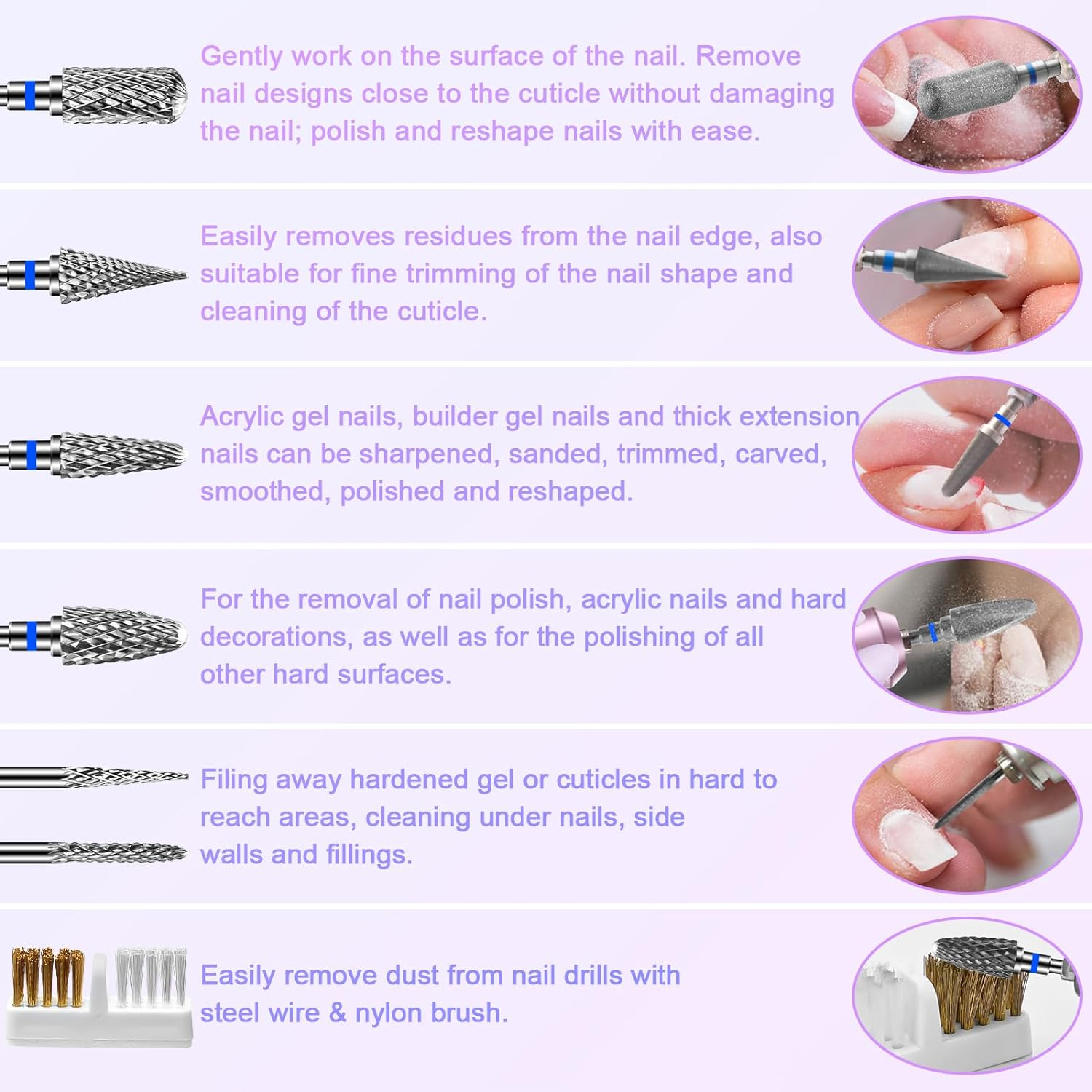 Diesisa 6 Pack Nail Drill Bits for Acrylic Nails, 3/32" Shank Drill Bits for Nails Professional Electric Cuticle Drill Bit, Cuticle Cleaner Nail Gel Polish Remover Tool for Home Salon Nail Bits-Blue