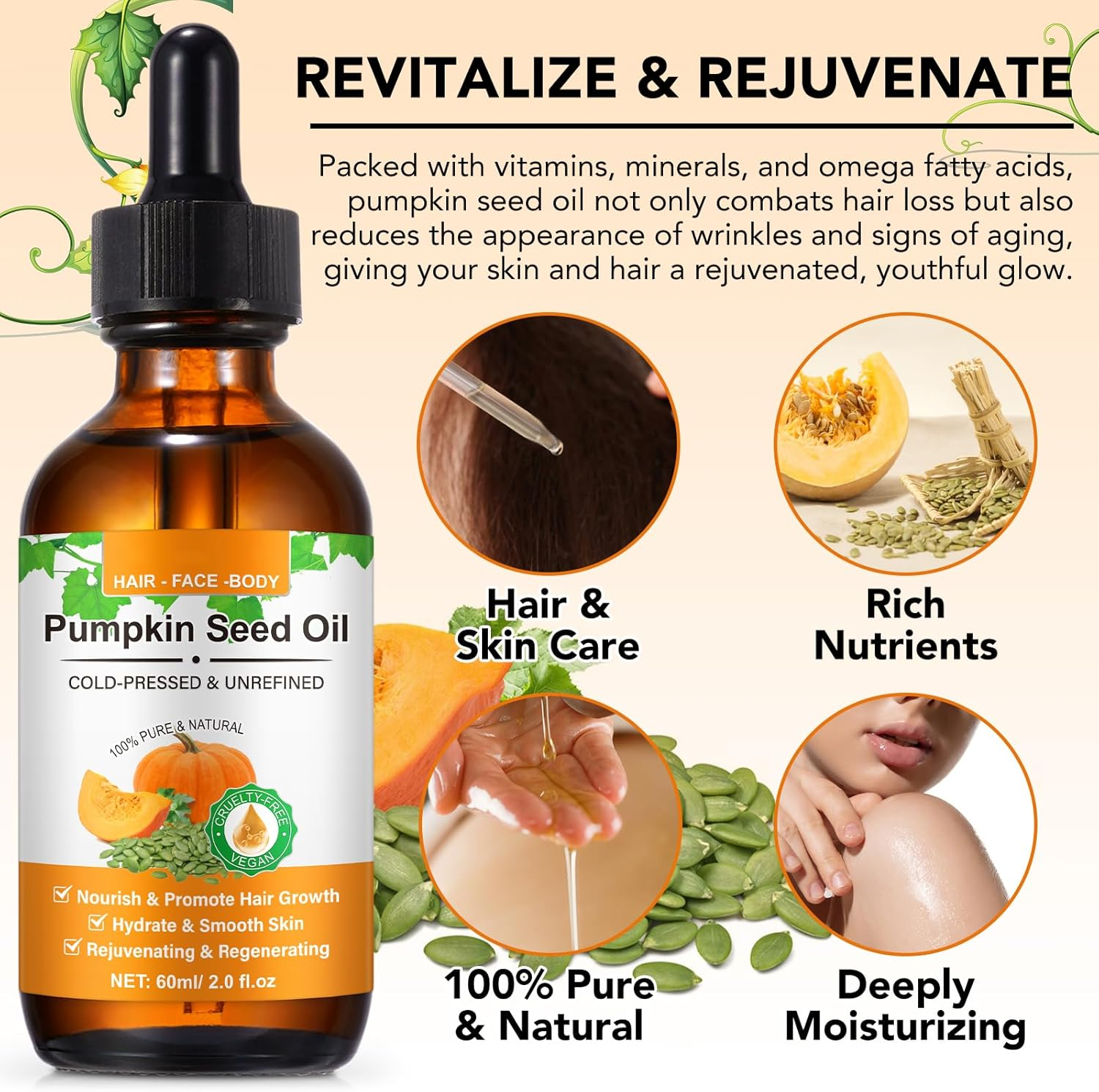 Pumpkin Seed Oil for Hair Growth, Organic Pumpkin Seed Oil, 100% Pure, Moisturizing Scalp, for All Hair Types, 2.0 Fl Oz image number 1