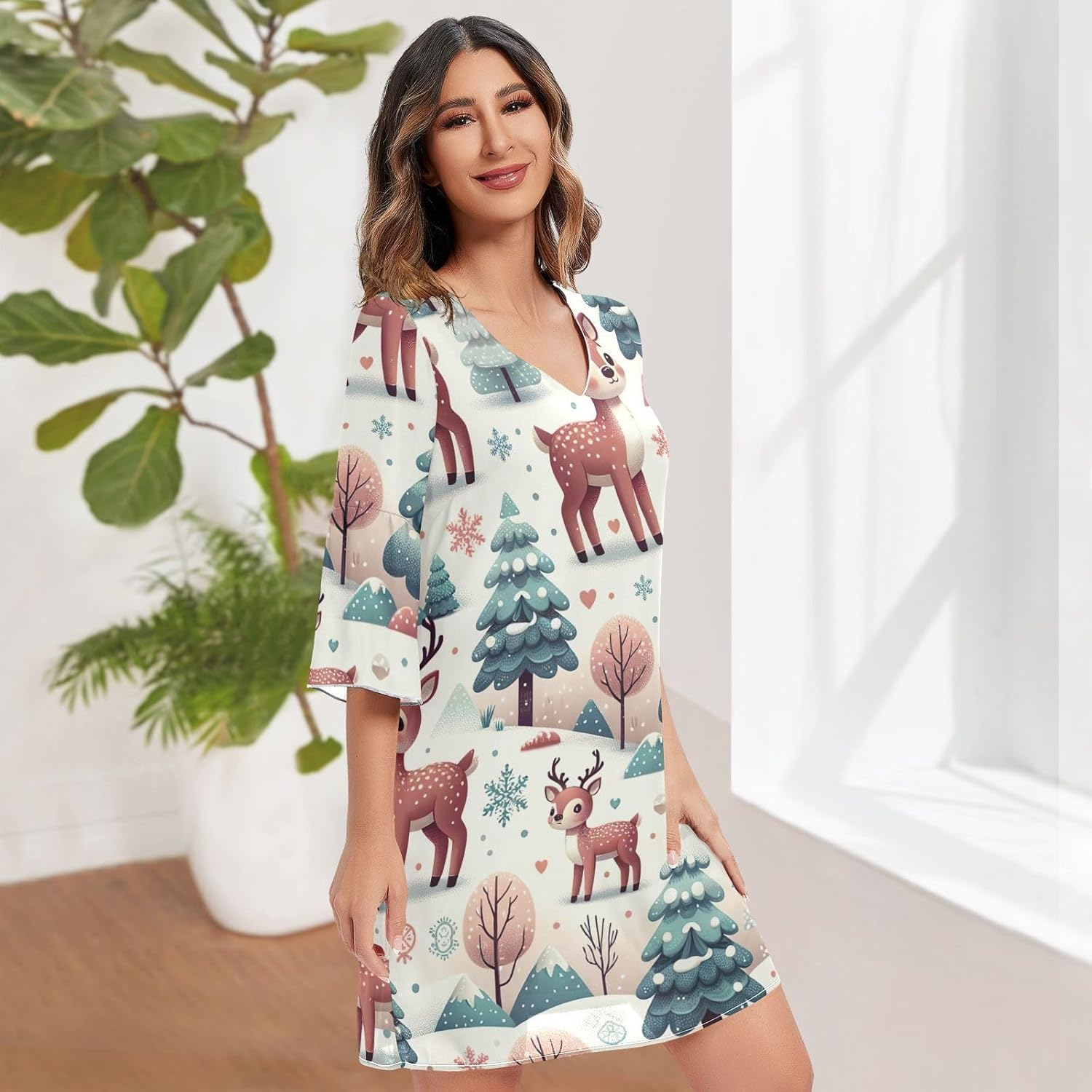 Playful Cute Deer Elegant V Neck Dress 3/4 Sleeve Maternity Dress Party