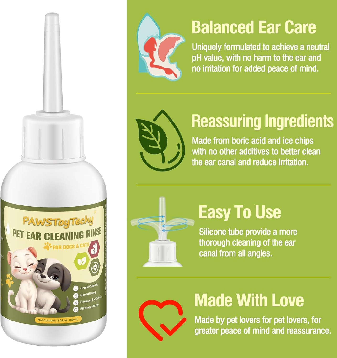 Pet Ear Cleaner Drops for Dogs & Cats - 4 Oz Long Soft Tube Ear Cleaner for Pets, Gentle Ear Cleaning Solution for Deodorizing & Wax Removal, Relieves Itching, Safe for Pets & Humans image number 4
