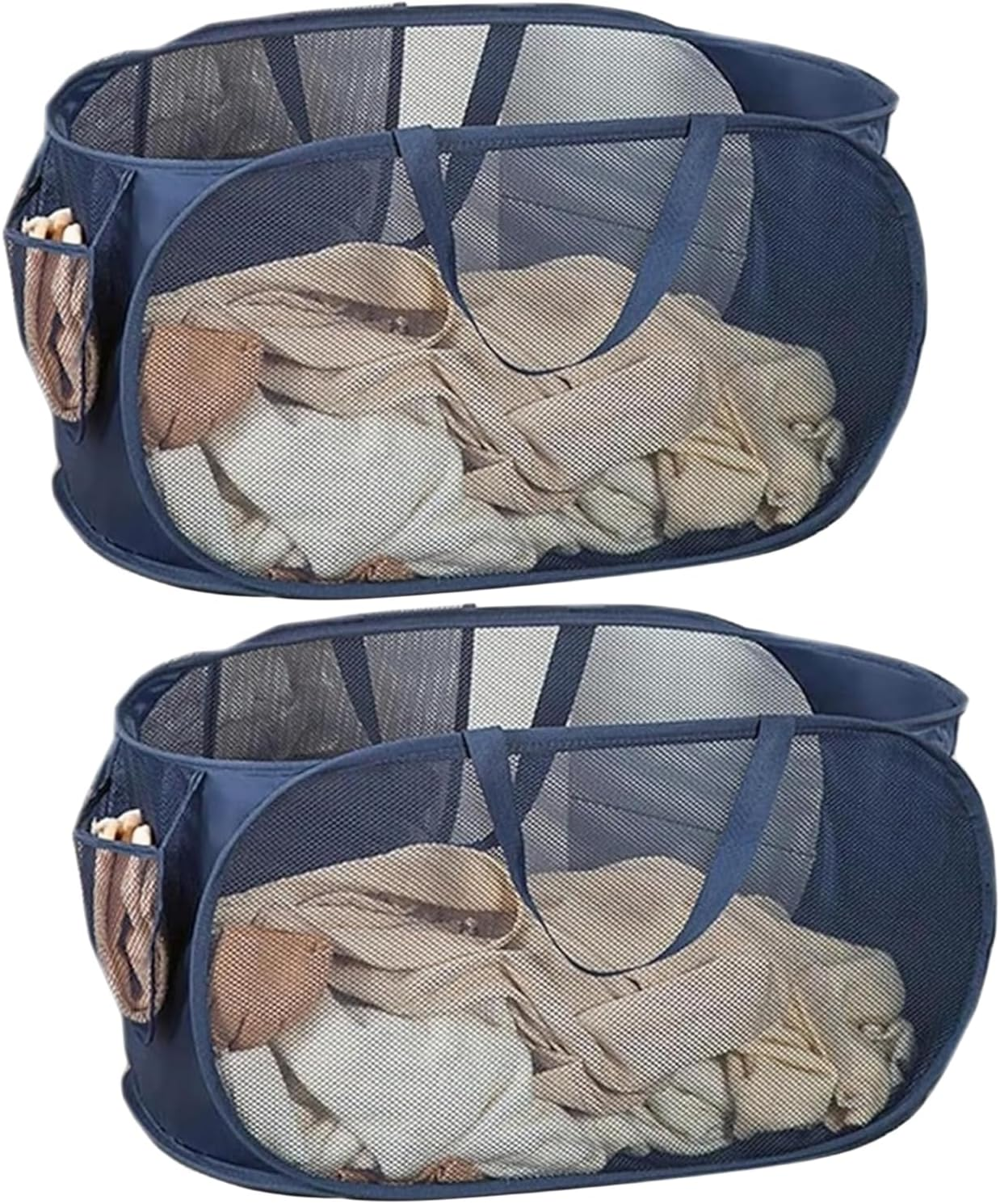 UESJKHOA 2Pack Pop-Up Collapsible Laundry Hamper - Foldable Mesh Laundry Baskets with Breathable Design,Easy to Store,Keep Clothes Fresh & Odor-Free for Home,Dorm,Travel (Horizontal Navy Blue Basket)