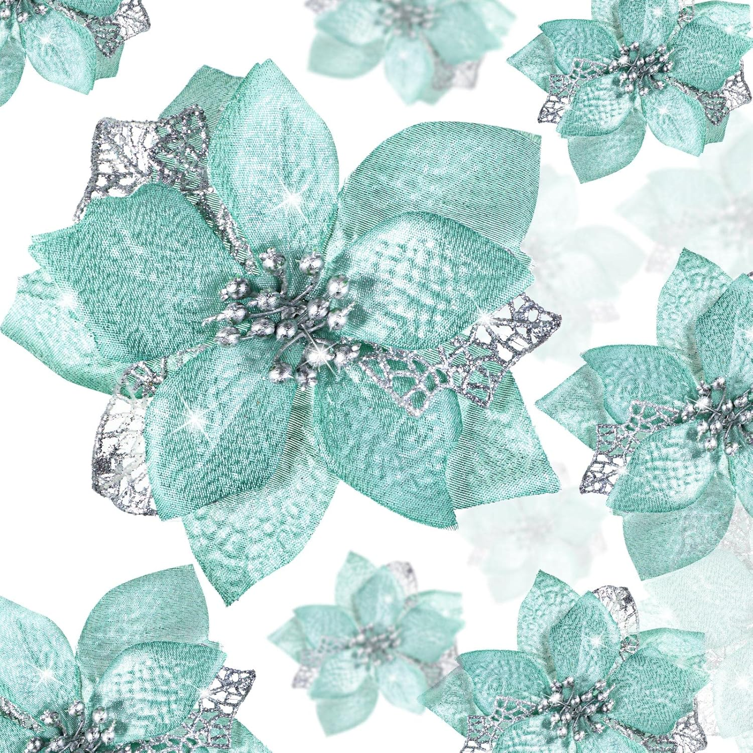 WILLBOND 36 Pieces Christmas Poinsettia Glitter Faux Flowers Christmas Artificial Flowers Tree Ornaments Topper Xmas Decorations(Blue-Green)
