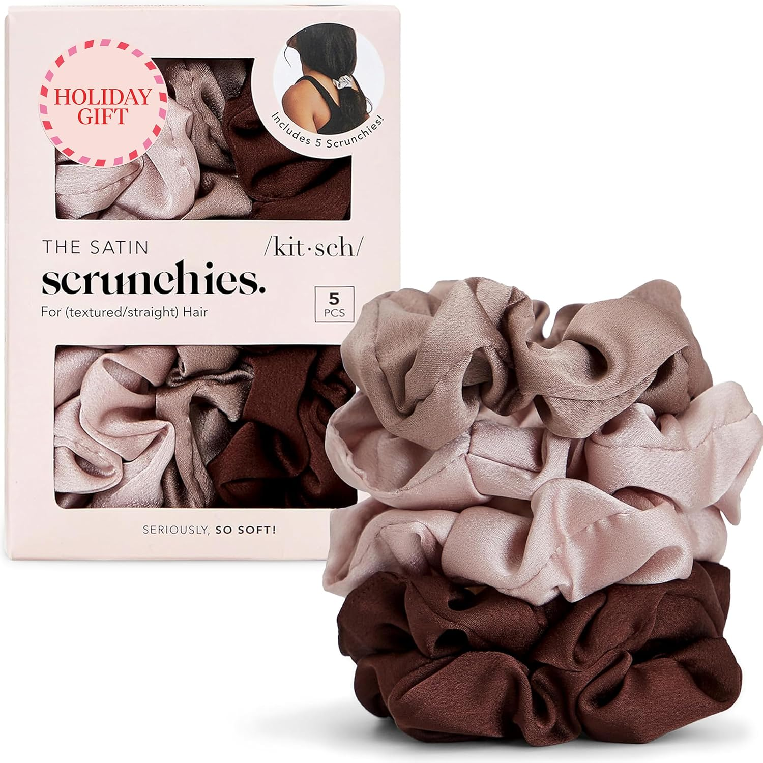 Kitsch Satin Scrunchies for Women - No Crease Hair Ties for Girls | Scrunchies for All Hair Types and Textures, Perfect for Day or Night | Ideal Gifts for Women - 5 Pcs, Cameo