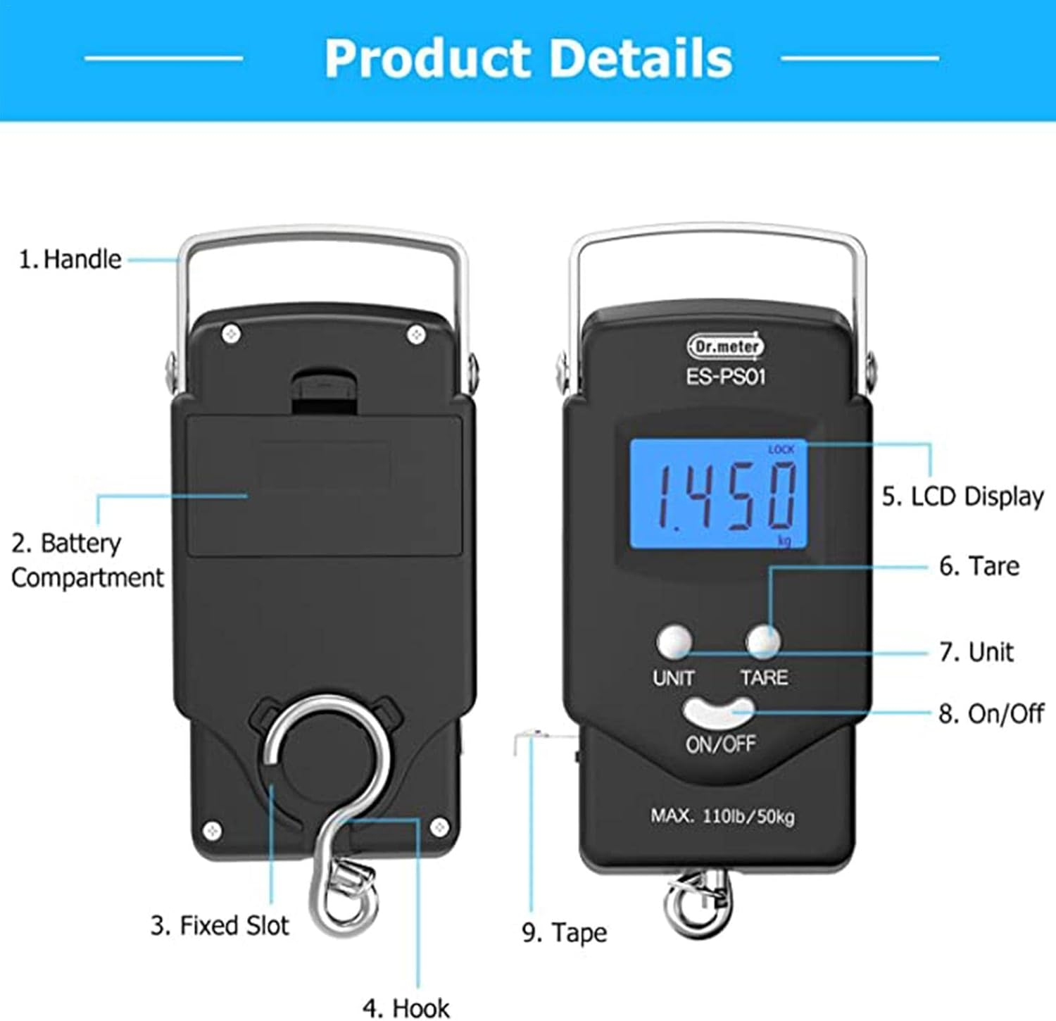 Hanging Scale | 110Lb Digital LCD Display Balance Fishing Scale,Fishing Scale, Electronic Balance Digital Fishing Postal Hanging Hook Scale with 2 AAA image number 6