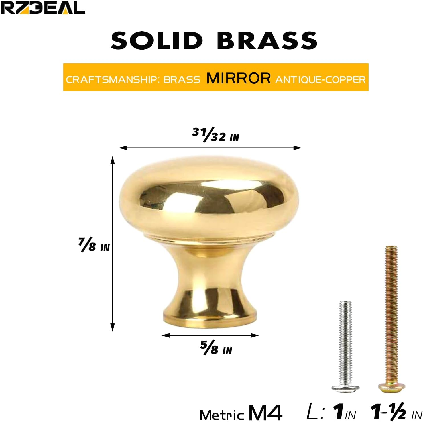 RZDEAL 4 PCS 1.0'' X 0.9'' Brass Mirror-Polished Pulls round Brass Pulls Antique Simple and Elegant Pulls Solid Hardware Knobs for Furniture Cabinet Closet Drawer Box Door Handles image number 4