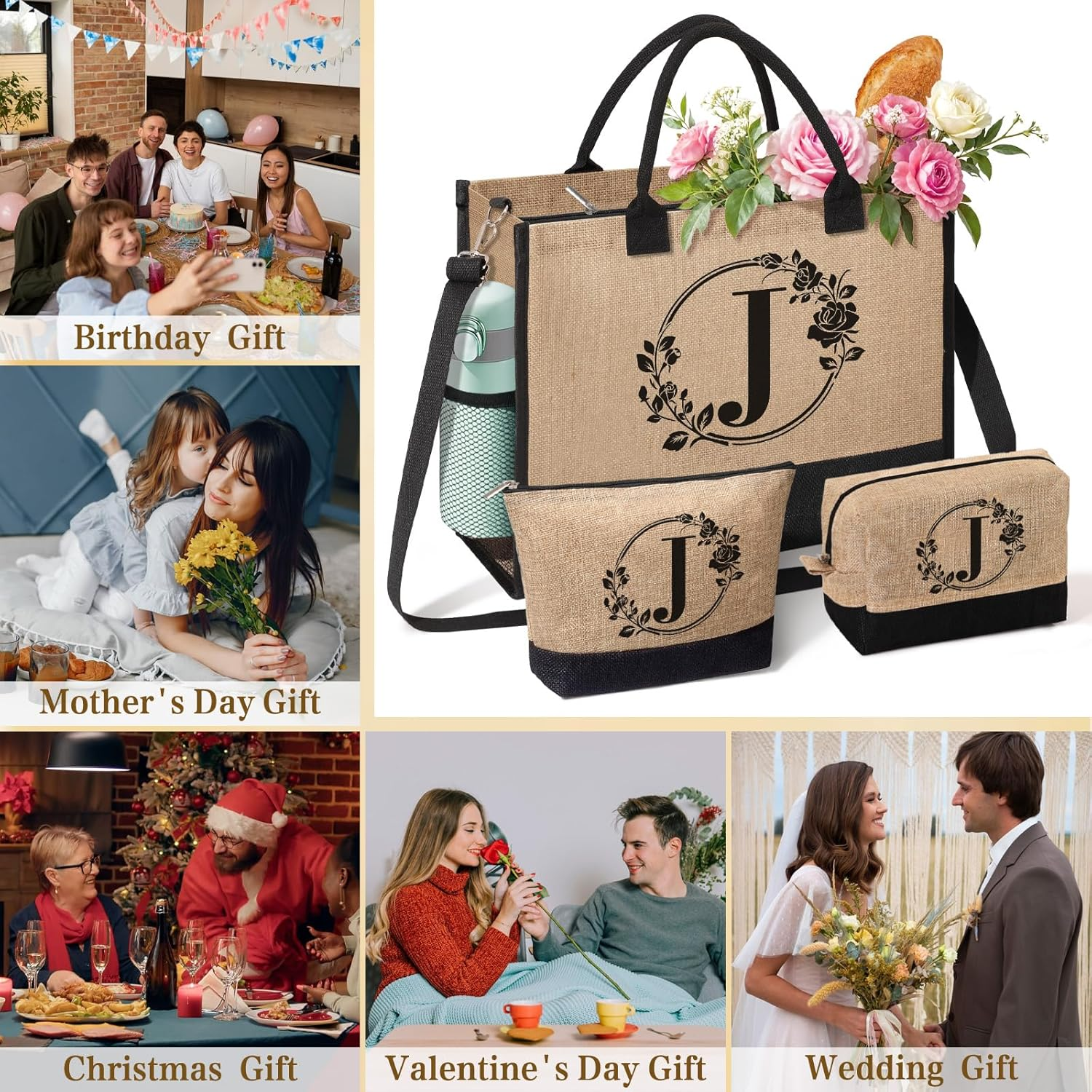 Personalized Gifts for Women, Initial Jute Tote Bag Monogrammed Beach Bag, Mothers Day & Birthday Gifts for Mom Women Friend image number 1