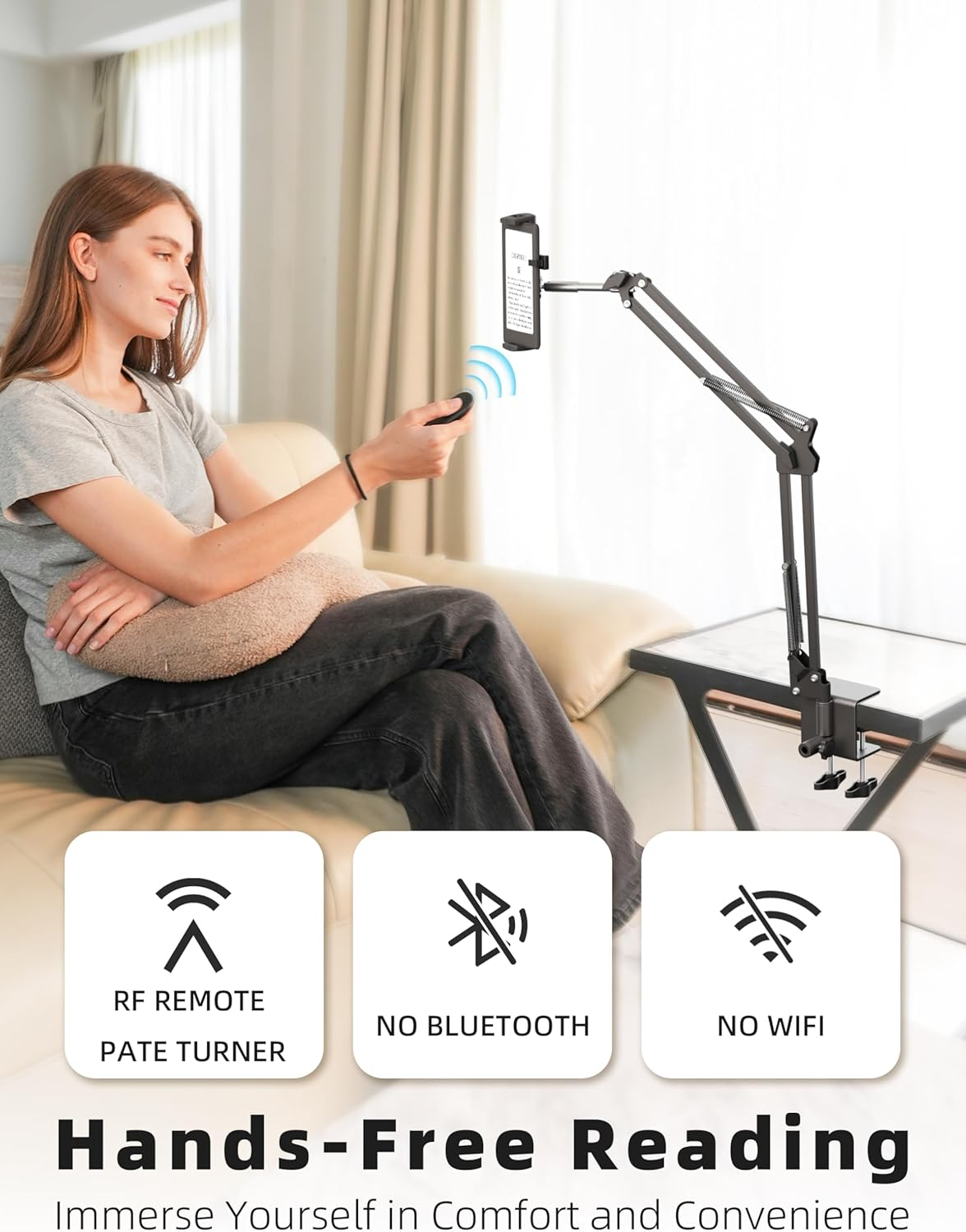 Tablet Holder for Kindle Holder Reading in Bed with Remote Page Turner, Hands-Free for Ipad Stand Arm, Compatible with Kindle Accessories, Ipad, Iphone, Ereaders Devices, Gifts for Readers image number 6