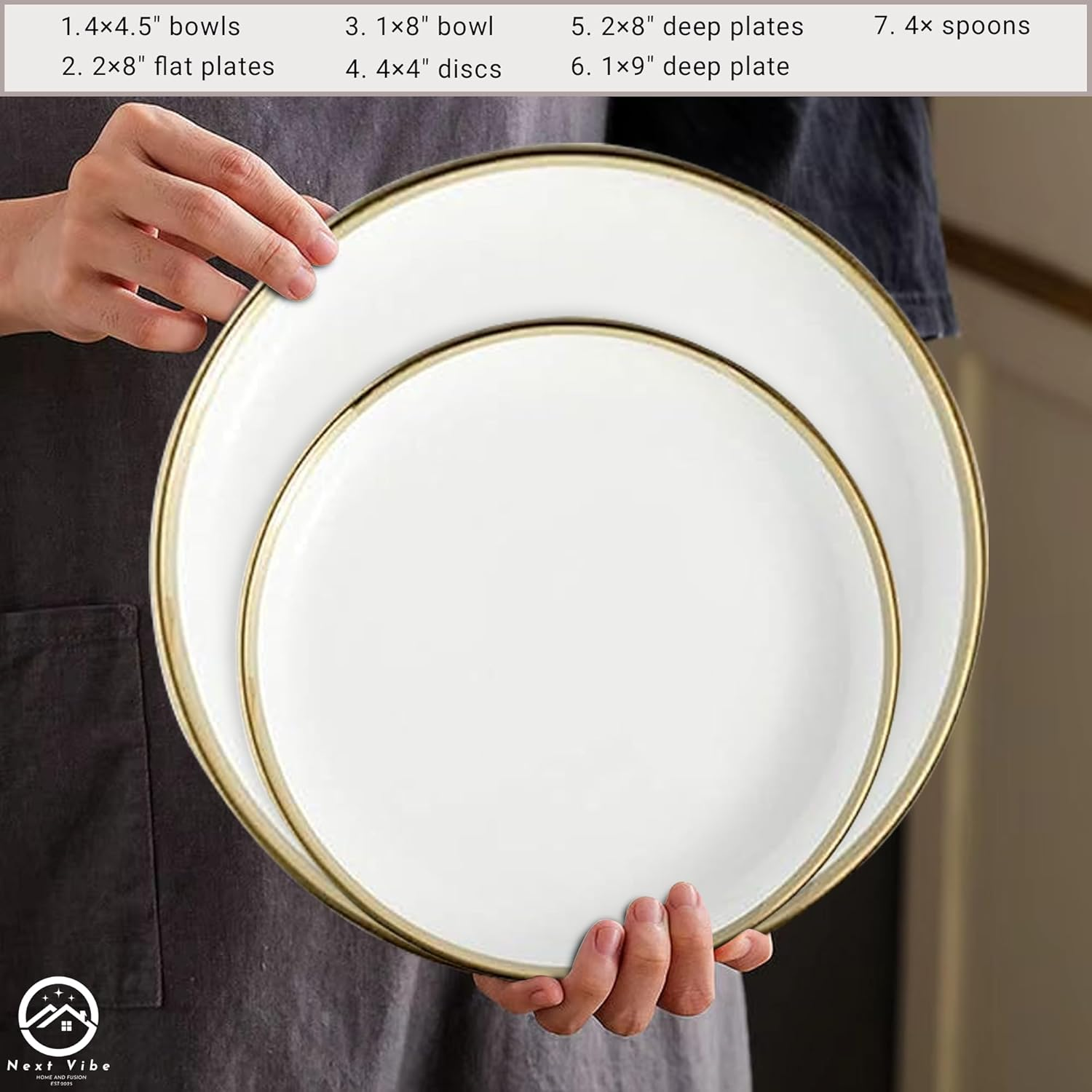 Next Vibe - Home Porcelain Chip and Scratch Resistant Dinnerware Set, Service for 4 Pepole (18Pcs) with Brown Box, Plates and Bowls Dishes Sets White