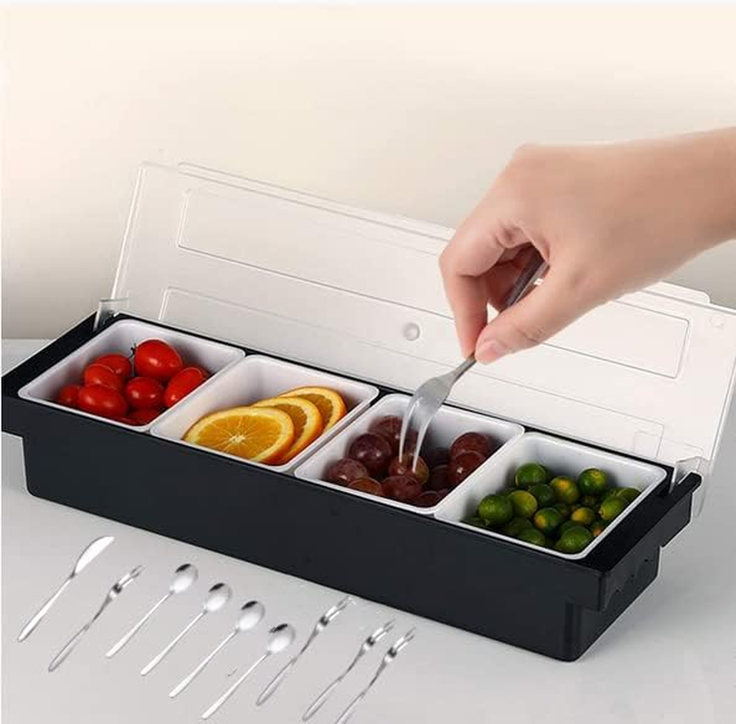 Food & Condiment Dispenser Ice Cooled Condiment Caddy,4 Compartment Garnish Stations Tray with Lid,4 Spoons,4 Forks,1 Fruit Knives,Chilled Condiment Server Caddyfor Bar Home Restaurant image number 1