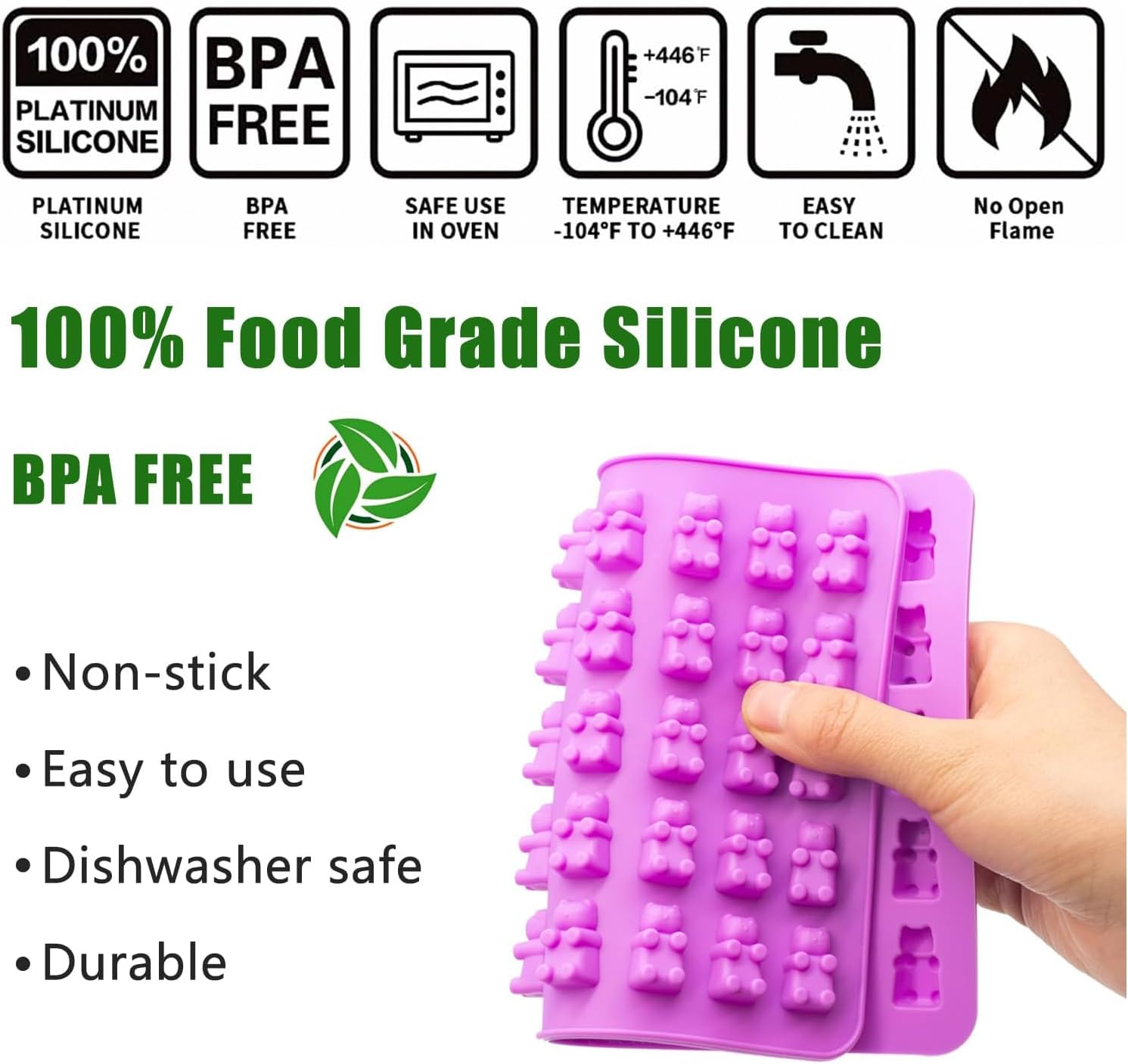 4 Pack Gummy Bear Candy Molds Silicone, Gummy Molds with 2 Droppers, Non-Stick Silicone Candy Molds Including Mini Dinosaur, Bear Shape, Hearts and Mini Donut image number 4