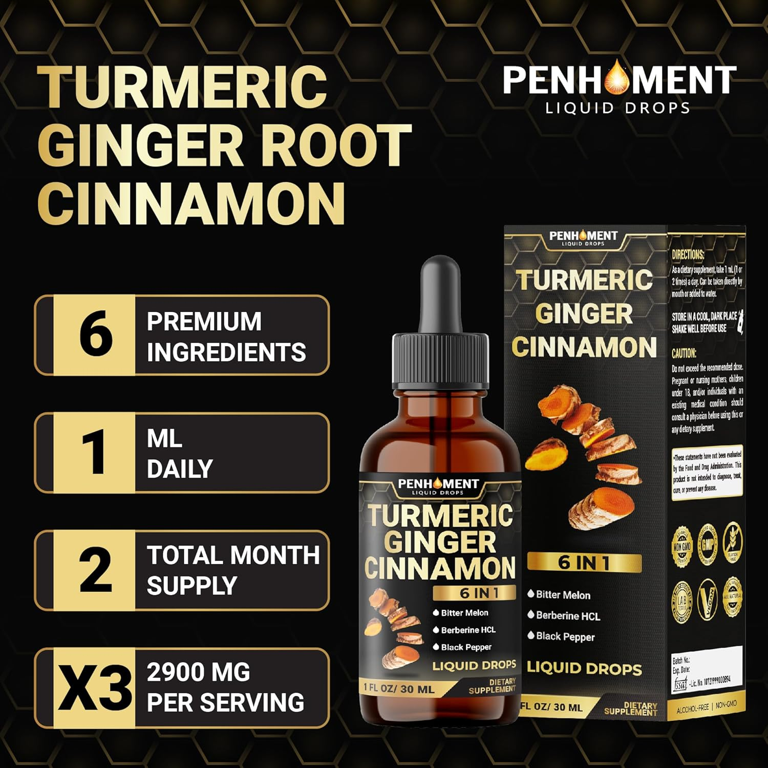 PENHOMENT 6In1 Liquid Turmeric Curcumin with Ginger, Berberine, Ceylon Cinnamon, Bitter Melon, Black Pepper - Drops Extract for Joint Support - 2Packs of 1 Fl Oz image number 2