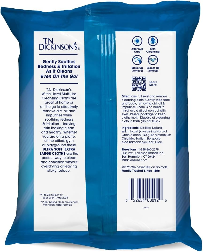 T.N. Dickinson'S Witch Hazel Soothing Multiuse Cleansing Cloth, 4 Pack, 25 Cloths per Pack,White image number 6