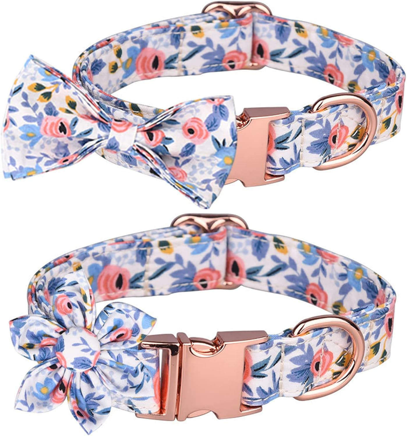 Dog Collar with Flower and Bow Tie，Adjustable Metal Buckle Floral Pattern Dog Collar for Girl Dog Boy Dog Small Medium Large Dog (L-Neck 14.9-23.6", Width 1", Blue)
