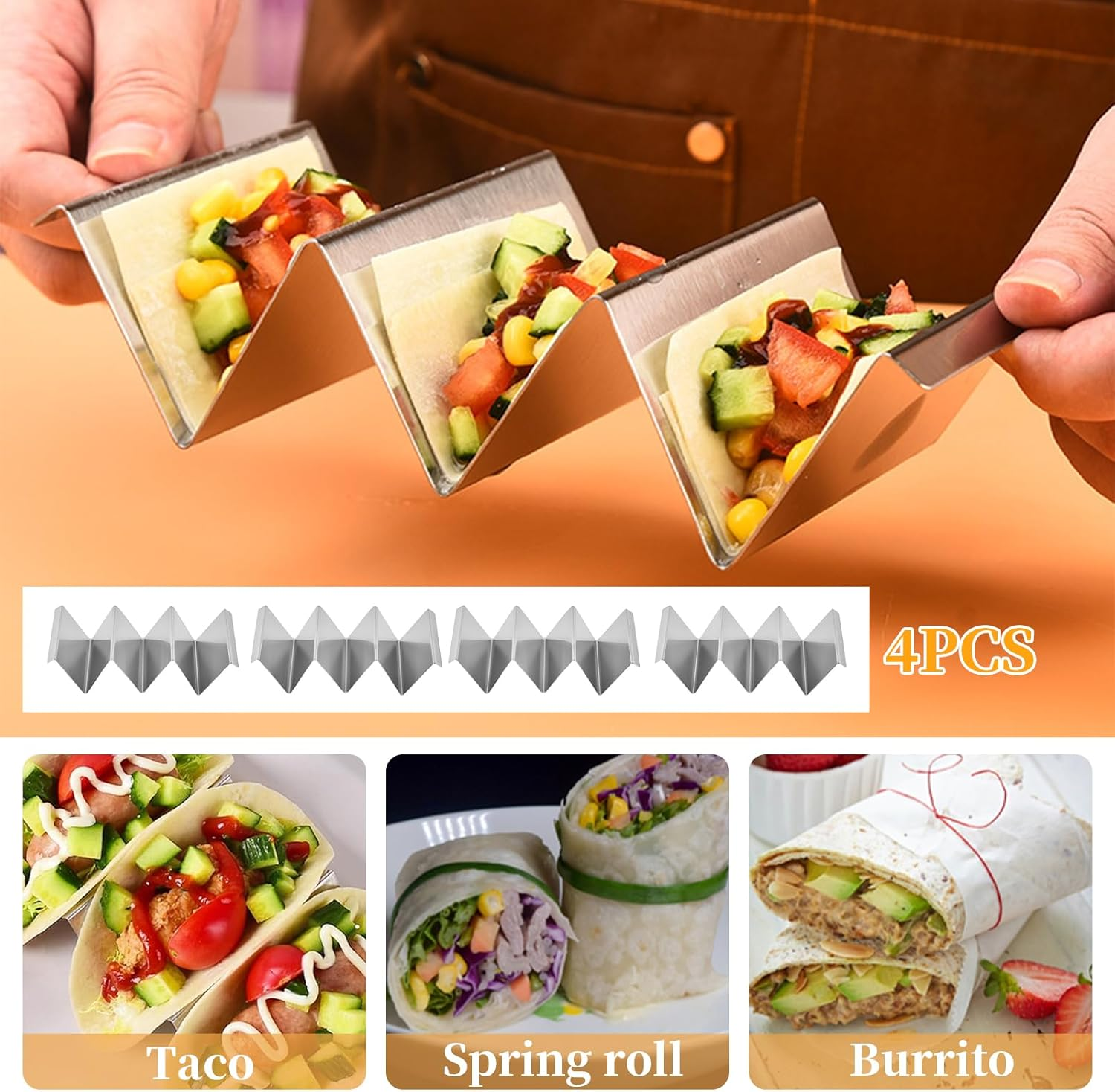 4 Pcs Taco Holder Stand Wave Stainless Steel Taco Shell Holder Stand with Handles Double Sided Use Taco Holder Stand Holds up to 3 Tacos Multifunctional Taco Tray Holder for Restaurant and Home image number 1