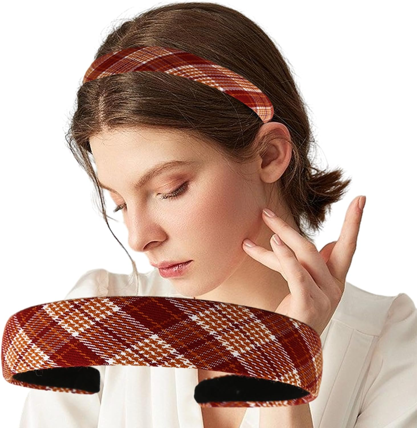 2 Pcs Headband Women Tartan Headbands Fabric Hairbands for Women Girls (Brown) - Red image number 2