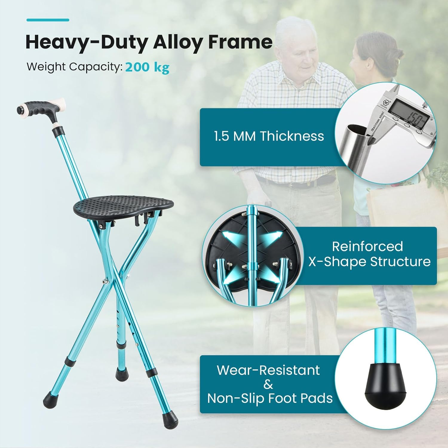 Costway Folding Cane Seat, Portable Multifunctional Aluminum Crutch W/LED Light & Ergonomic Handle, Height Adjustable Walking Stick, W/Massage Seat Board, Anti-Skid Pads - Coffee image number 5