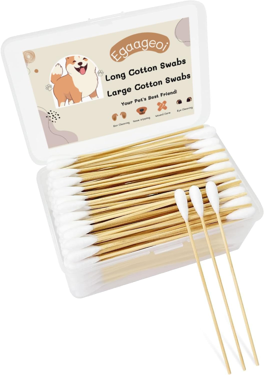 Egaageoi Cotton Swabs for Dogs Ears - 100 Pcs 6-Inch Bamboo Long Cotton Swabs - Gentle and Effective Pet Cleaning, Grooming, and First Aid