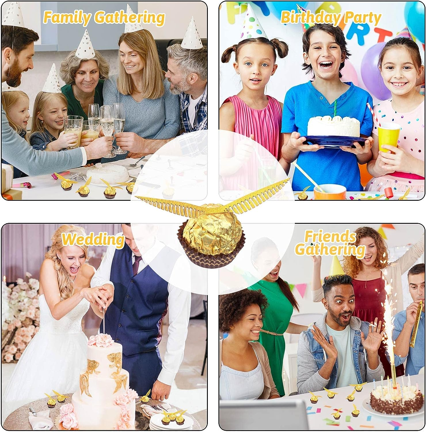 OIIKI 100PCS Wizard Party Chocolate Decoration Golden Hollowed Wings, Gold Angle Wings Candy Decor with Dot Tape DIY Party Crafts Supplies for Cake Birthday Christmas Cupcake image number 5