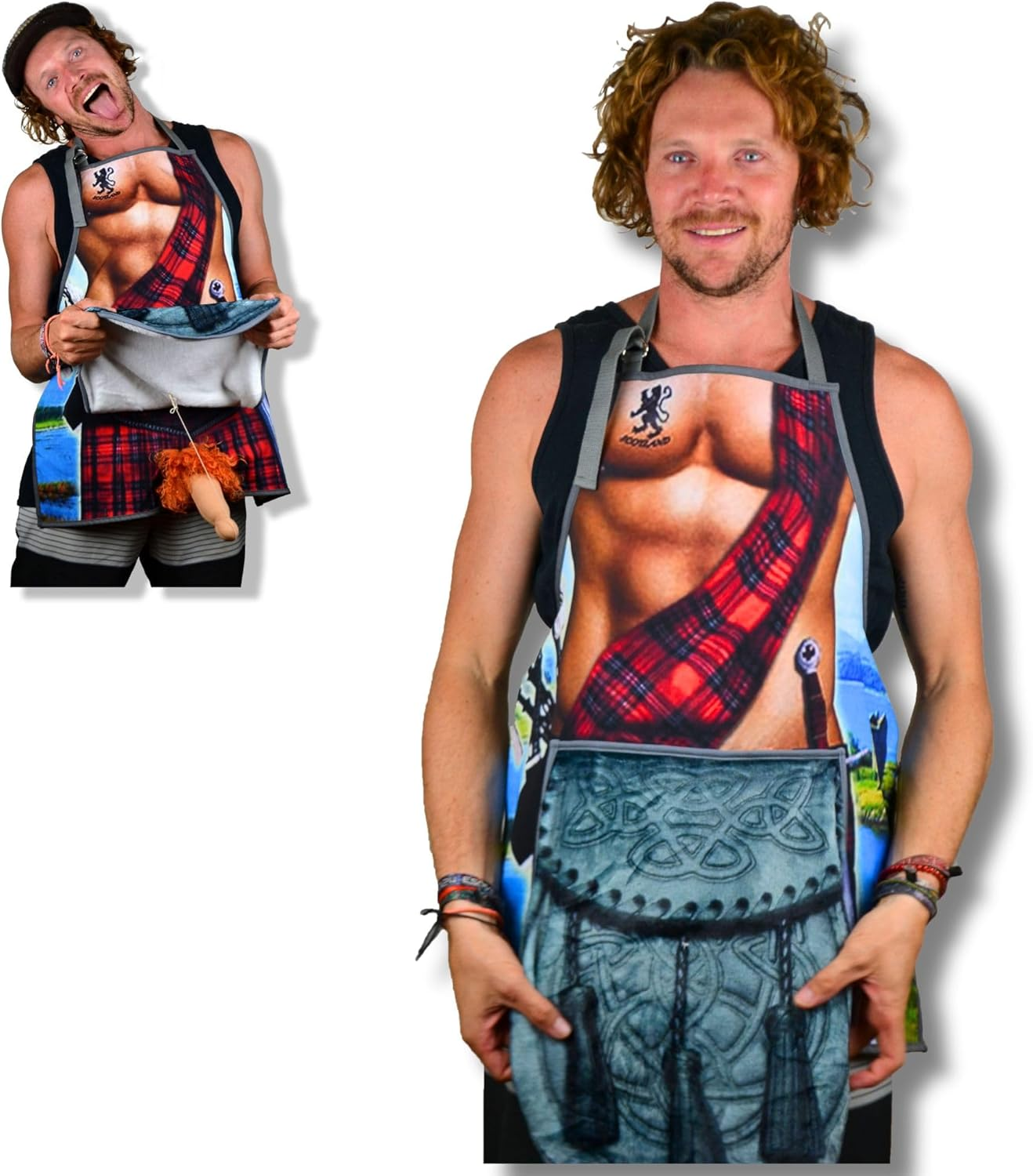 Cheeky Geeky &ldquo;Sporran&rdquo; Funny Aprons for Women & Men &ndash; Durable Party Chef Apron with Plush Surprise, Hilarious French Maid, Waterproof & Adjustable Kitchen, Work, Painting & BBQ Apron image number 1