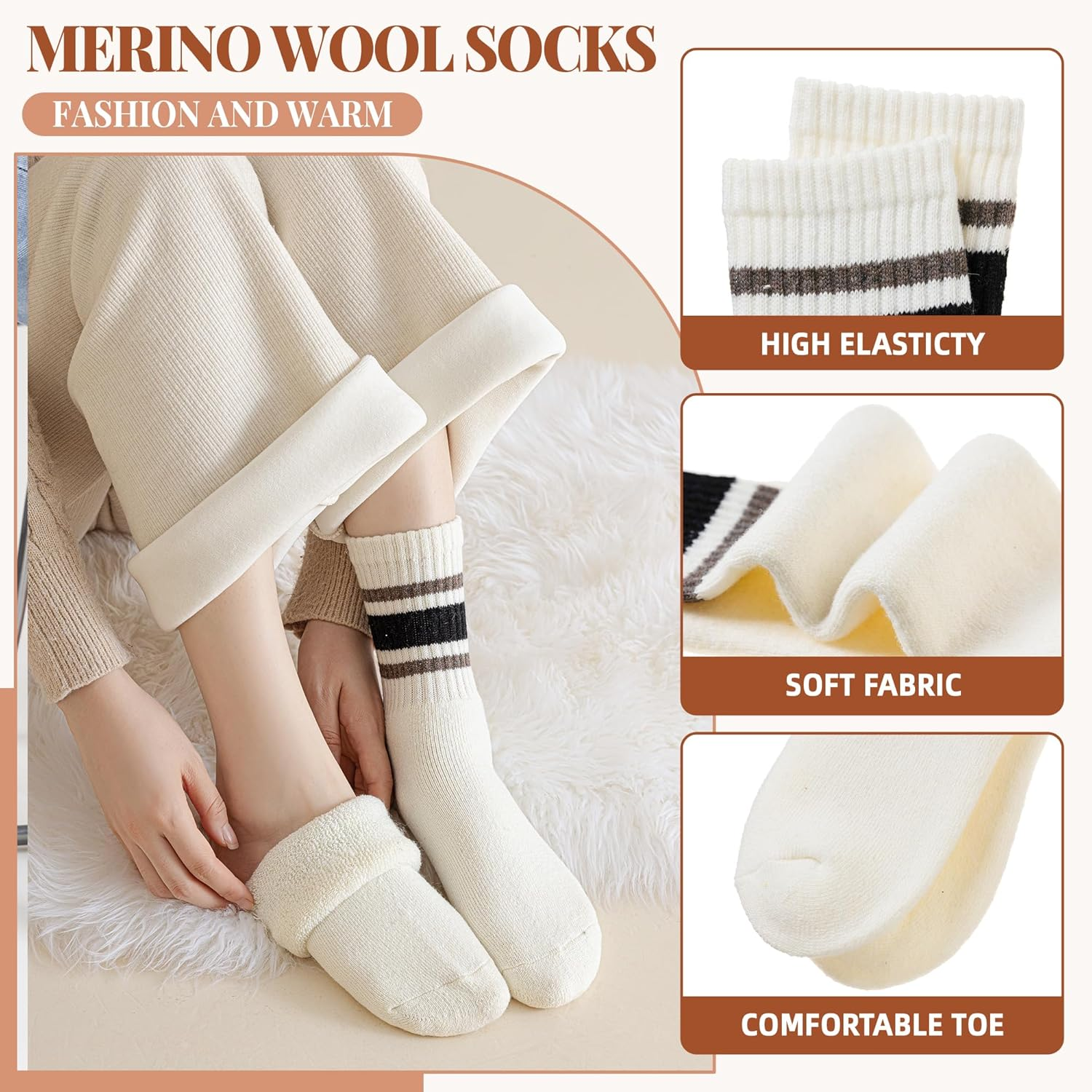 Merino Wool Socks for Women 5 Pairs Warm Winter Hiking Thick Thermal Cozy Boot Work Soft Ladies Crew Socks image number 6