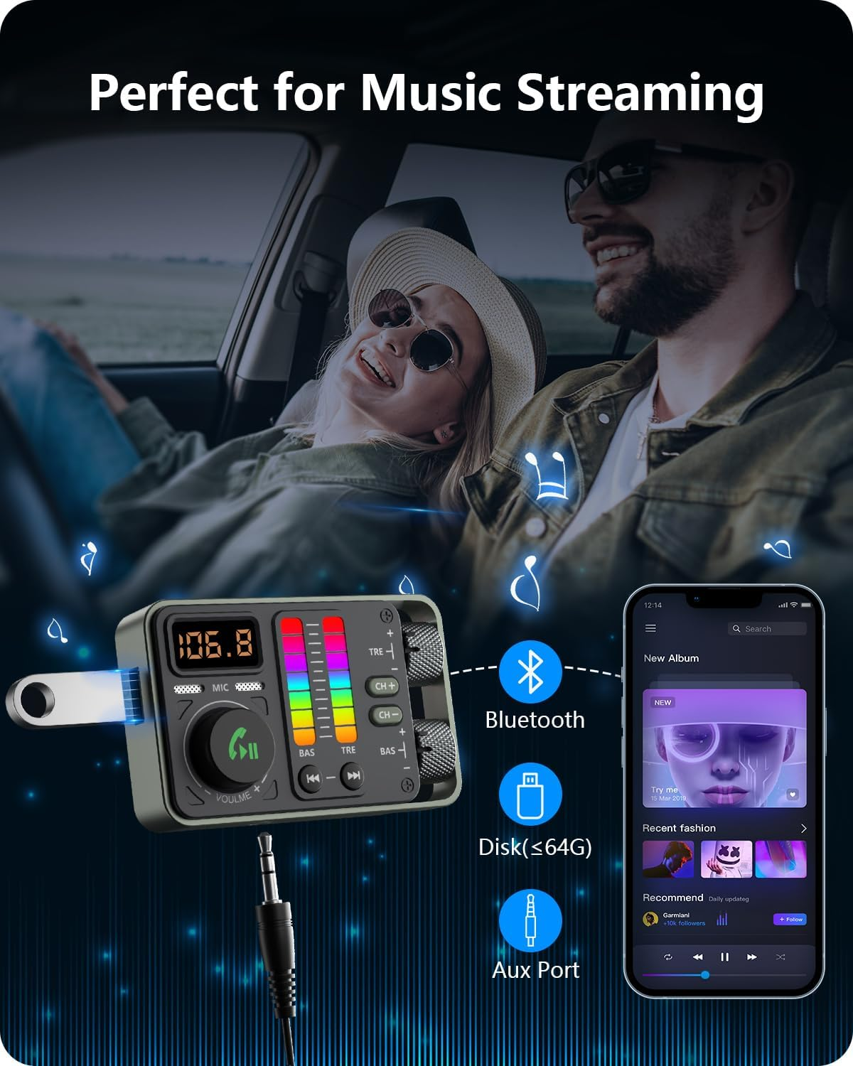 LENCENT Bluetooth 5.3 Car FM Transmitter, Hi-Fi Treble & Bass Music Player, PD20W QC18W Fast Car Charger, Radio Bluetooth Car Adapter with Dual Mics for Hands-Free Call, Siri, U Disk/3.5Mm AUX