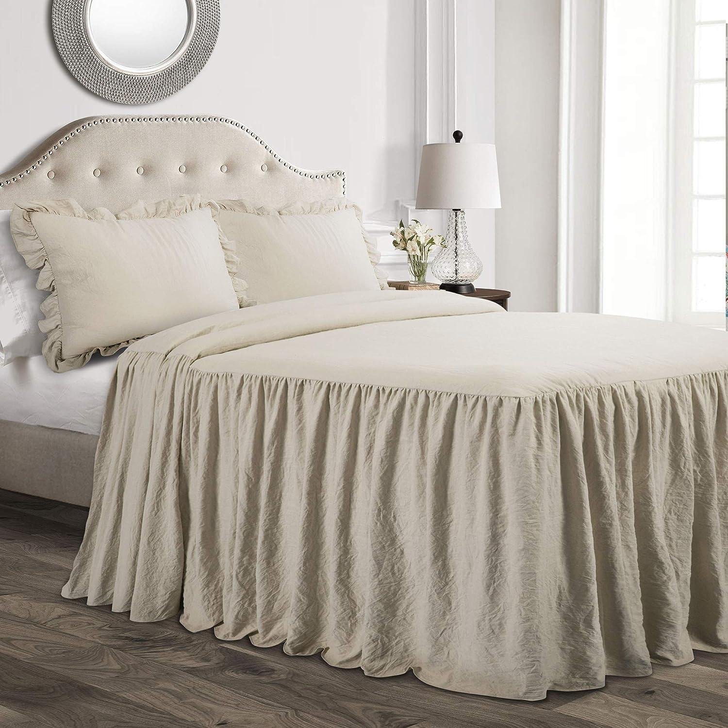 Lush Decor Ruffle Skirt Bedspread 3 Piece Set, King, Neutral - Beige King Bedding - Ruffled Bedspread - Vintage Farmhouse Decor image number 6